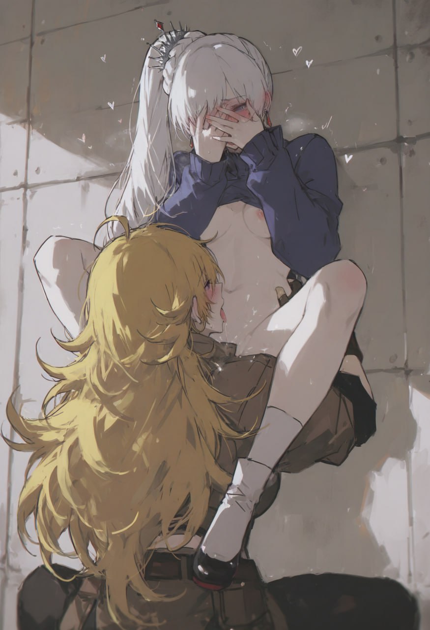 against_wall ai_generated blush blushing_profusely covering_face embarrassed kizirugai licking licking_belly lifted_by_another lifted_shirt no_bra no_panties rwby small_breasts weiss_schnee yang_xiao_long yuri