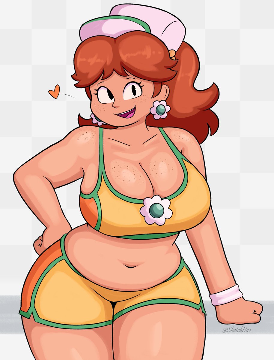1girls, artist name, big breasts, breasts, brown hair, busty, chubby, chubby female, cleavage, earrings, female, flower earrings, freckles, freckles on breasts, freckles on face, freckles on shoulders, large breasts, mario (series), mario kart, mario kart world, navel, nintendo, official alternate costume, open mouth, princess daisy, princess daisy (swimwear), shorts, sketchfins, slightly chubby, slightly chubby female, solo, solo female, solo focus, super mario bros., swimsuit, thick thighs, thighs