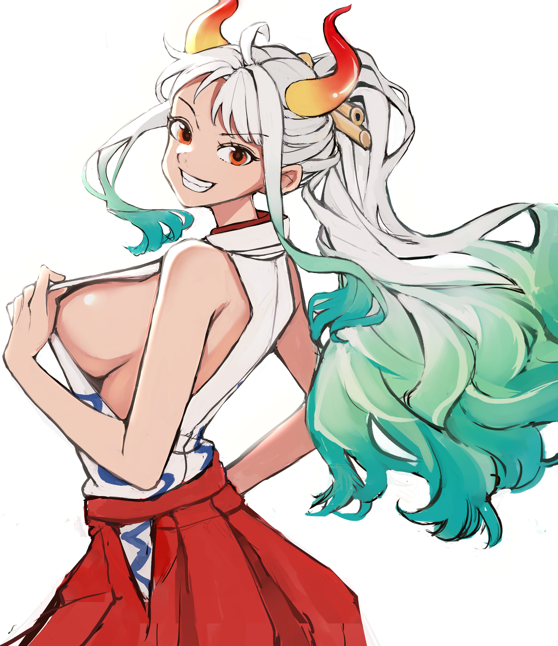1girls, breasts, clothing, curled horns, female, female only, gradient hair, green hair, grin, hair ornament, hair stick, hakama, hakama pants, highres, horns, japanese clothes, kasumi6, kimono, large breasts, long hair, looking at viewer, multicolored hair, multicolored horns, one piece, oni, oni horns, orange eyes, orange horns, pants, ponytail, red hakama, red horns, sideboob, simple background, sleeveless, sleeveless kimono, smile, solo, two-tone hair, white background, white hair, white-haired female, yamato (one piece), yellow horns, youkai
