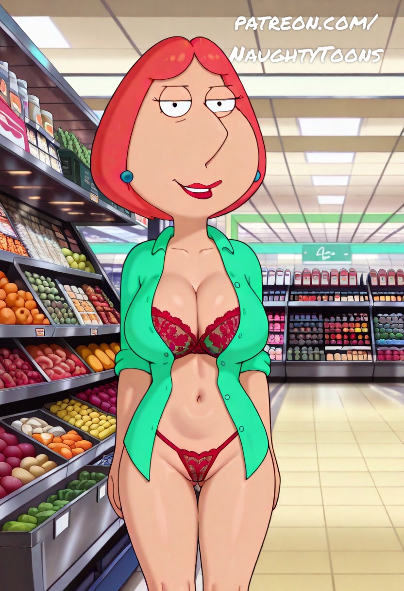ai generated, bra and panties, familyguy, female, grocery store, lois griffin, loisgriffinaddict, mature female, milf, naughtytoons, no pants, red lingerie, shirt open, tagme