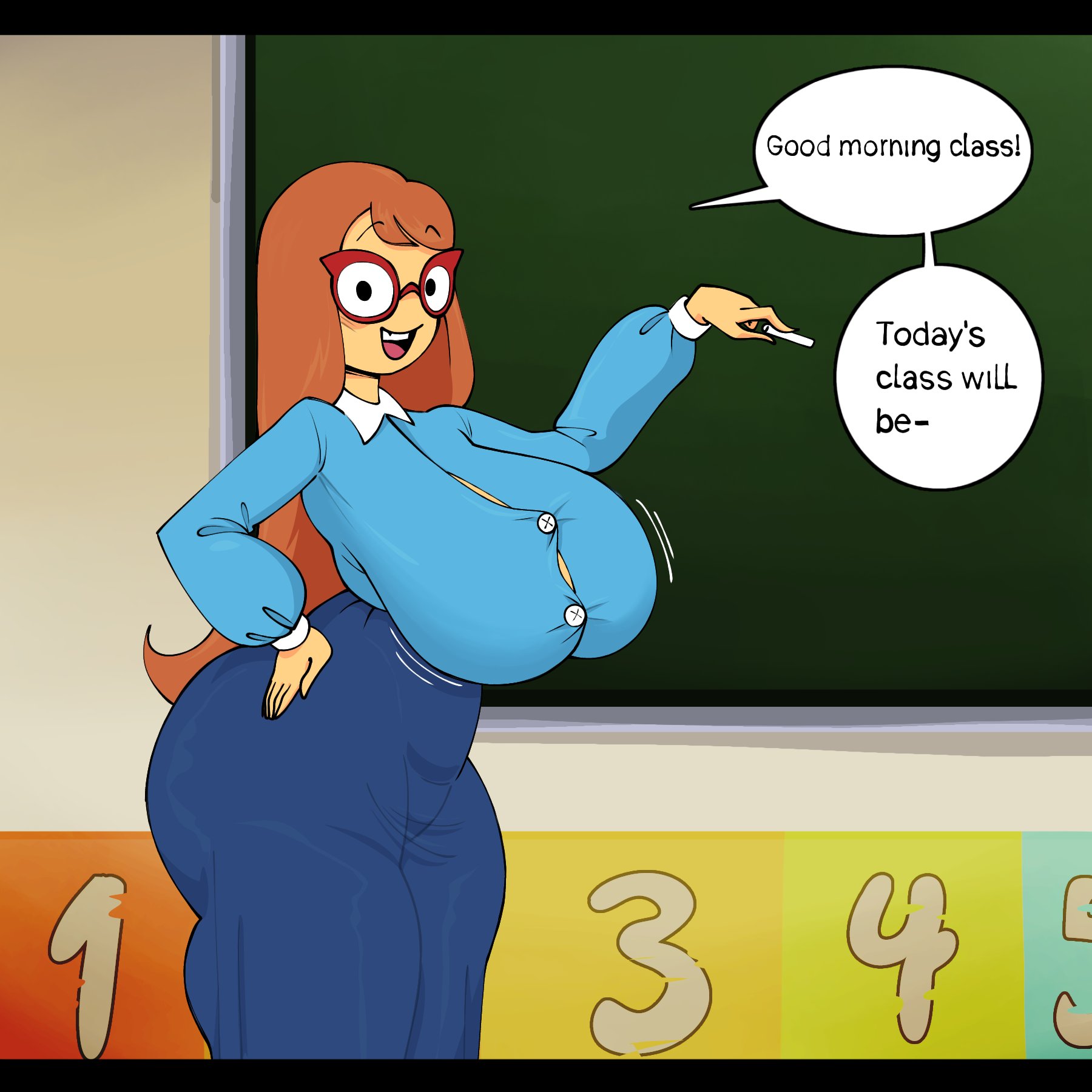 1girls, breasts, brown hair, curvy, dialogue, female, gallo wazavi, glasses, huge breasts, kindergarten (game), kindergarten 3, ms. lovelett, tagme, text, thick thighs, voluptuous