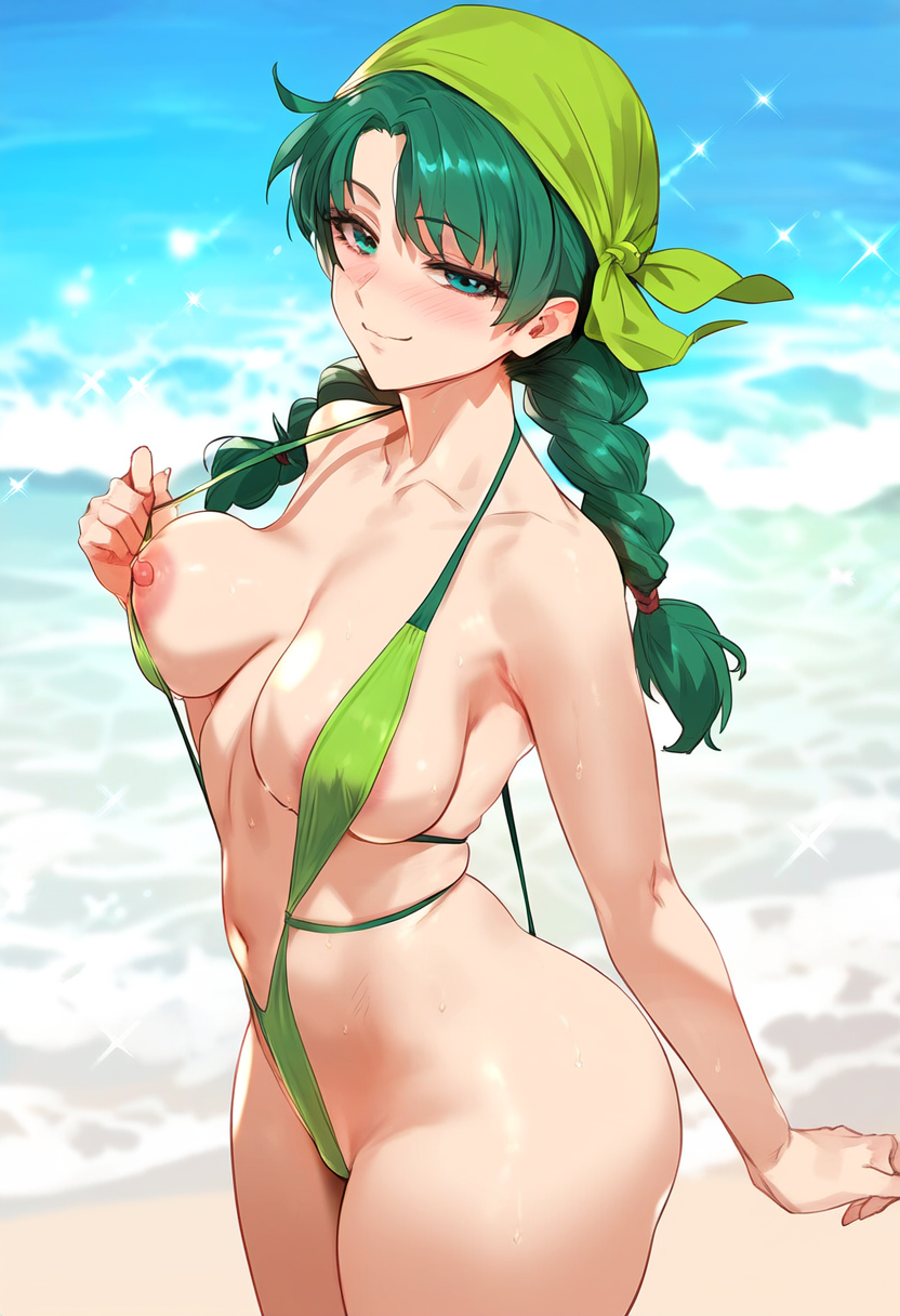 ai_generated bandana beach beach_background bikini blush blush fire_emblem fire_emblem:_the_blazing_blade green_bandana green_bikini green_eyes green_hair light-skinned_female light_skin looking_at_viewer medium_breasts nipple_bulge nipples nipples_visible_through_clothing rebecca_(fire_emblem) slingshot_bikini slingshot_swimsuit smile smiling smiling_at_viewer tharkica twintails