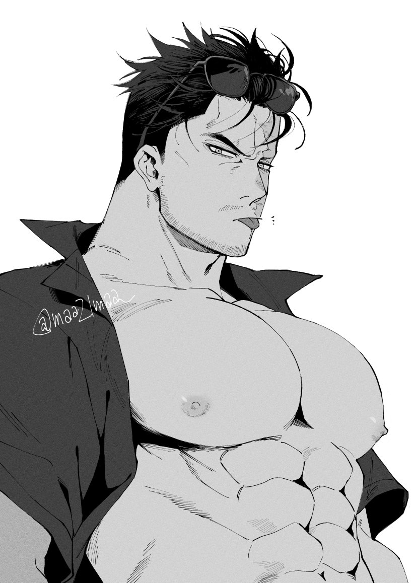bara, beard stubble, big breasts, big pecs, boku no hero academia, breasts, dilf, endeavor (boku no hero academia), endeavor (my hero academia), enji todoroki, juicy pecs, maa21maa, male, male only, muscular, muscular male, my hero academia, scar, scar on face, solo, solo focus, solo male, yaoi