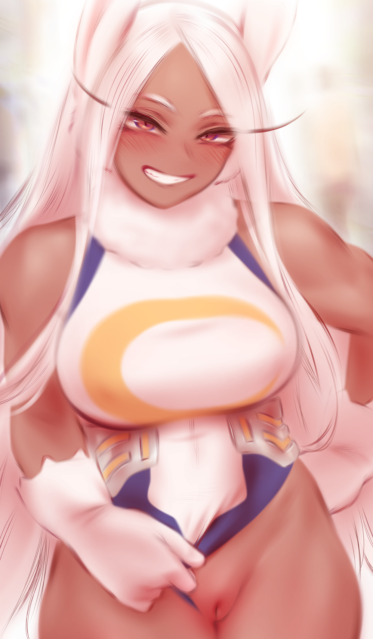 1girls, 2025, animal ears, biceps, big breasts, blush, blushing, breasts, busty, clothed, clothed female, clothes pull, clothing, clothing aside, clothing pull, curvaceous, curvy, dark skin, dark-skinned female, female, front view, genitals, gloves, grin, hair, hand on hip, handwear, hi res, human, labia, large breasts, legs together, leotard, leotard aside, leotard pull, long hair, looking at viewer, miruko, muscular, muscular arms, muscular female, my hero academia, partially clothed, pose, posing, presenting, pussy, rabbit ears, red eyes, shpo, smile, smiling, smiling at viewer, solo, standing, teeth, thick thighs, thighs, vagina, voluptuous, white hair, wide hips