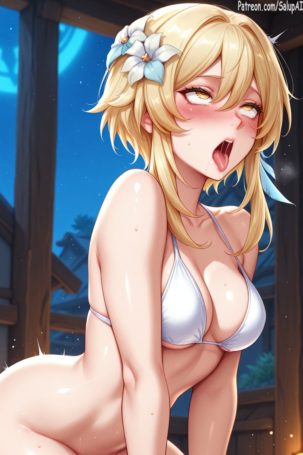 1girls ahe_gao ahe_gao ai_generated bikini bikini_top blonde_hair bottomless female female_only genshin_impact hair_flower hair_ornament long_hair lumine_(genshin_impact) medium_breasts open_mouth orgasm orgasm_face patreon rolling_eyes saliva salupai side_view solo solo_female steamy_breath uncensored watermark white_bikini yellow_eyes