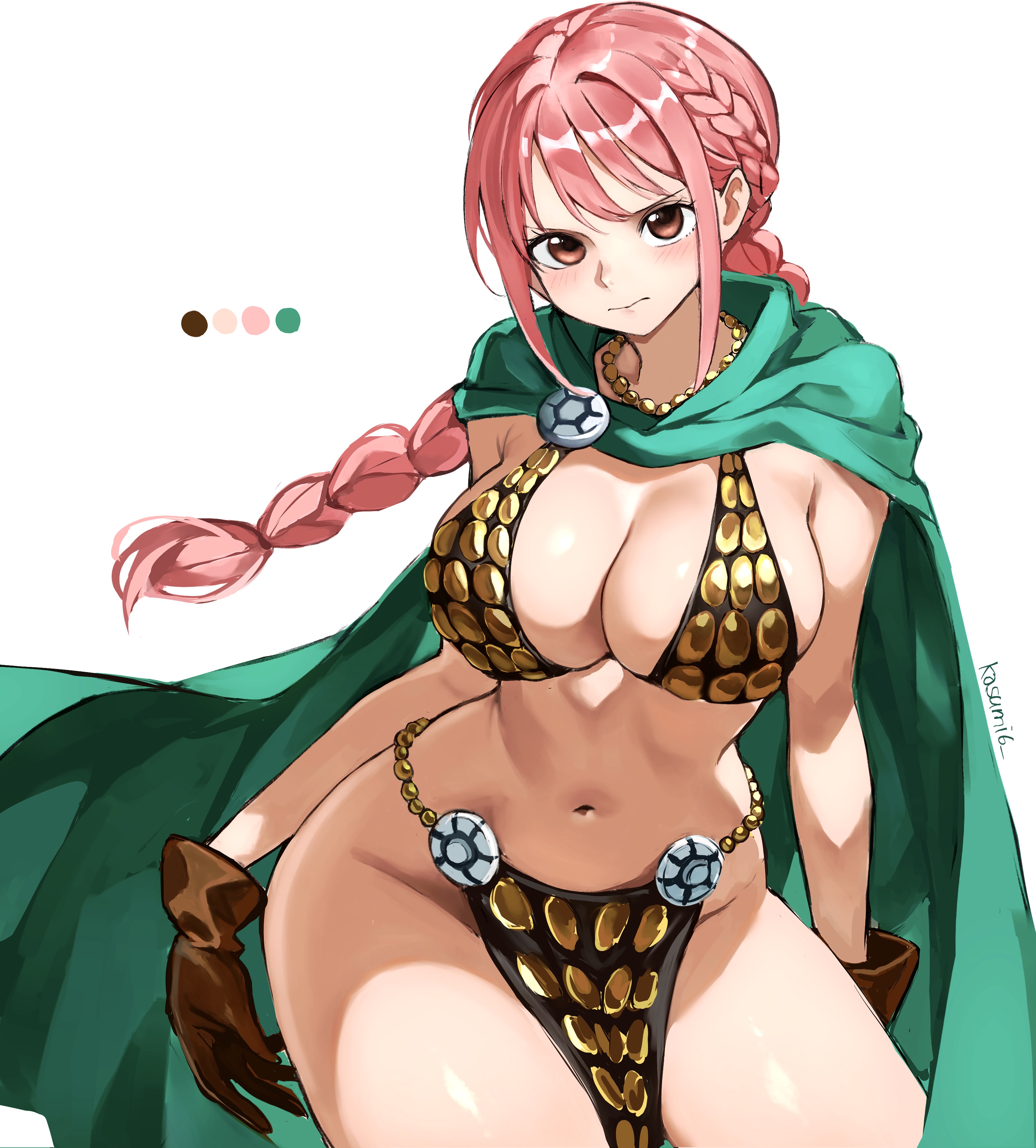 1girls, absurdres, armor, bikini armor, blush, braid, breasts, brown eyes, cape, chains, cleavage, clothing, color guide, commentary request, female, female only, gloves, gold chain, green cape, highres, jewelry, kasumi6, large breasts, long hair, necklace, one piece, pink hair, pink-haired female, rebecca (one piece), revealing clothes, shiny skin, thick thighs, thighs, white background, wide hips