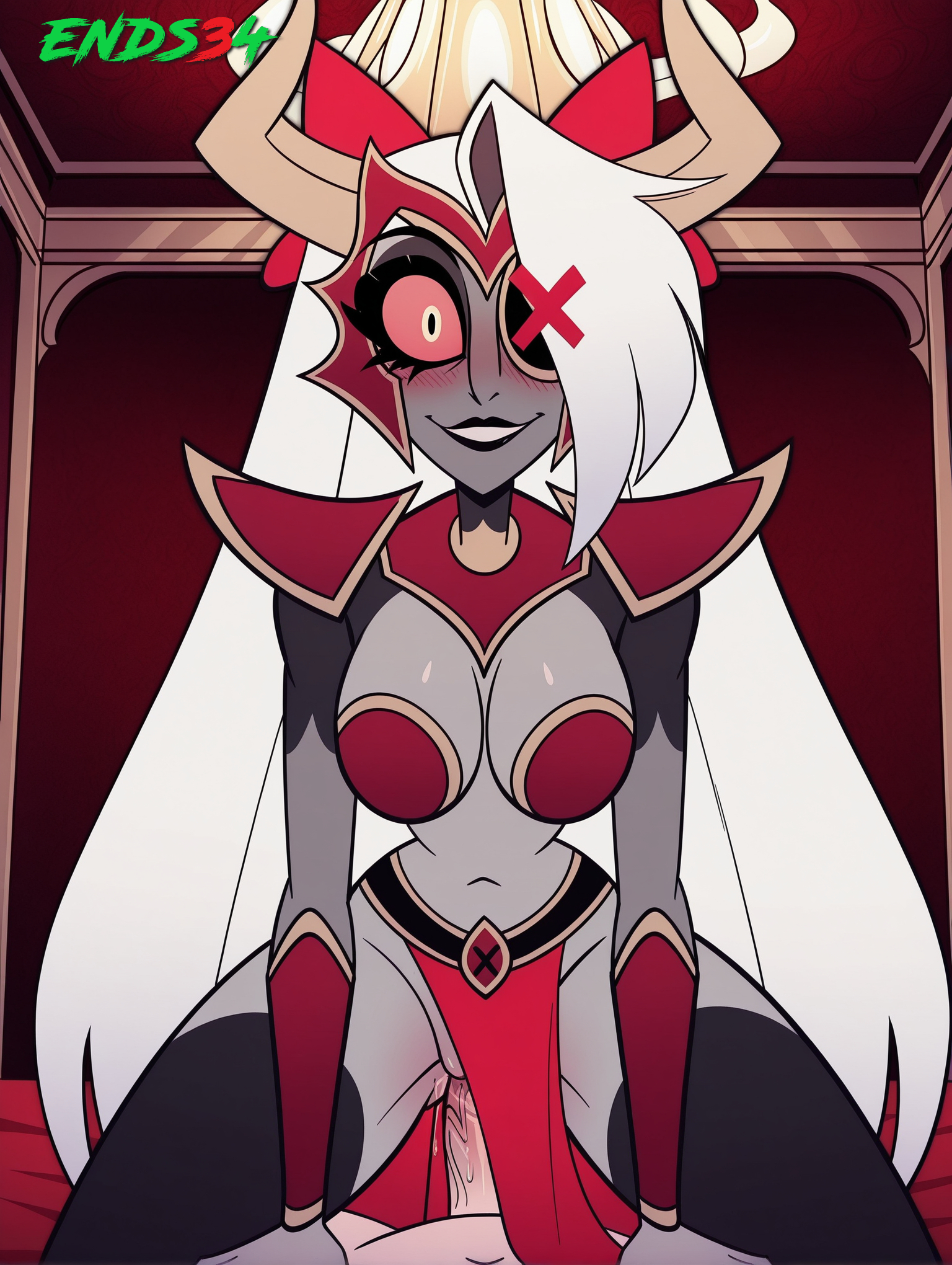 ai generated, armor, big breasts, black lips, breasts, cowgirl position, ends34, evil smile, female, female focus, hazbin hotel, long hair, looking at viewer, metal bikini, morathi, pussy, sex, stockings, vaggie (hazbin hotel), vaginal penetration, vaginal sex, warhammer (franchise), warhammer fantasy, white hair