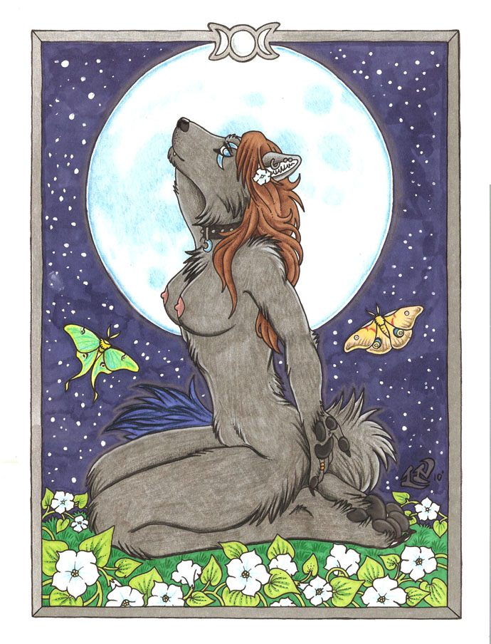 2010 anthro blue_eyes breasts butterfly canine choker female flowers fur furry kneeling looking_at_viewer luthiennightwolf moon nude piercing solo wolf