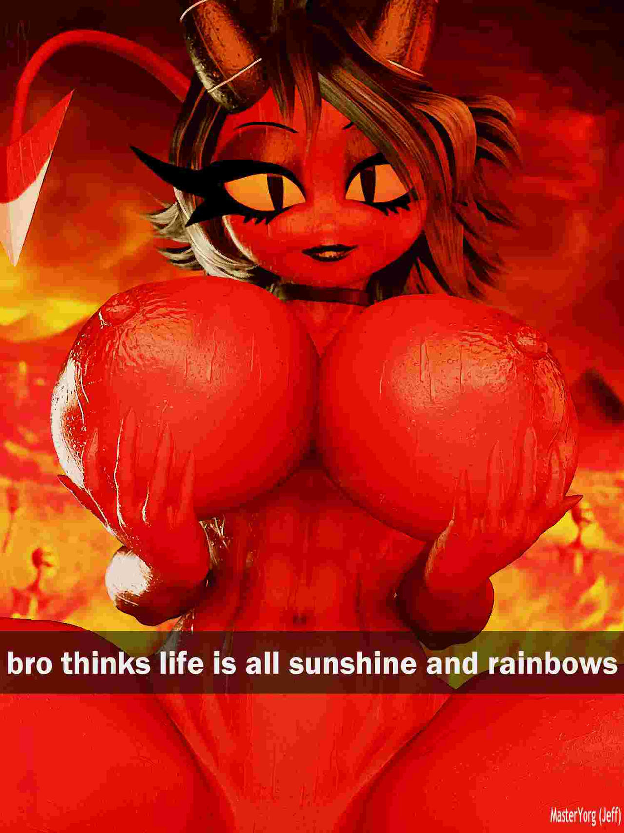 3d, black eyes, black hair, black lipstick, demon, demon girl, demon horns, demon tail, female, female only, hand on breast, helluva boss, huge breasts, large breasts, looking at viewer, looking down, masteryorg0, millie (helluva boss), navel, nipples, nude, nude female, red body, short hair, spread legs, tagme, text, thick thighs, viewed from below, voluptuous, wide hips, yellow sclera
