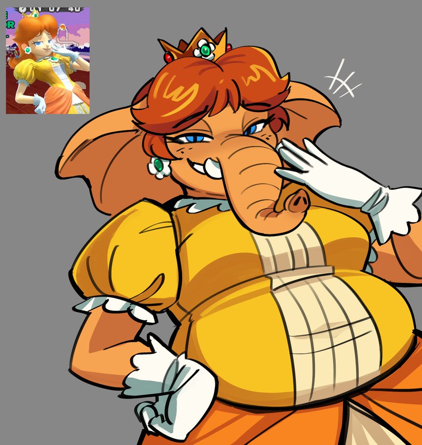 big breasts, breasts, chubby, chubby female, elephant, elephant daisy, female, furry, peargor, princess daisy, super mario bros., super mario bros. wonder, trunk, zackscott's elephant daisy commissions (meme)