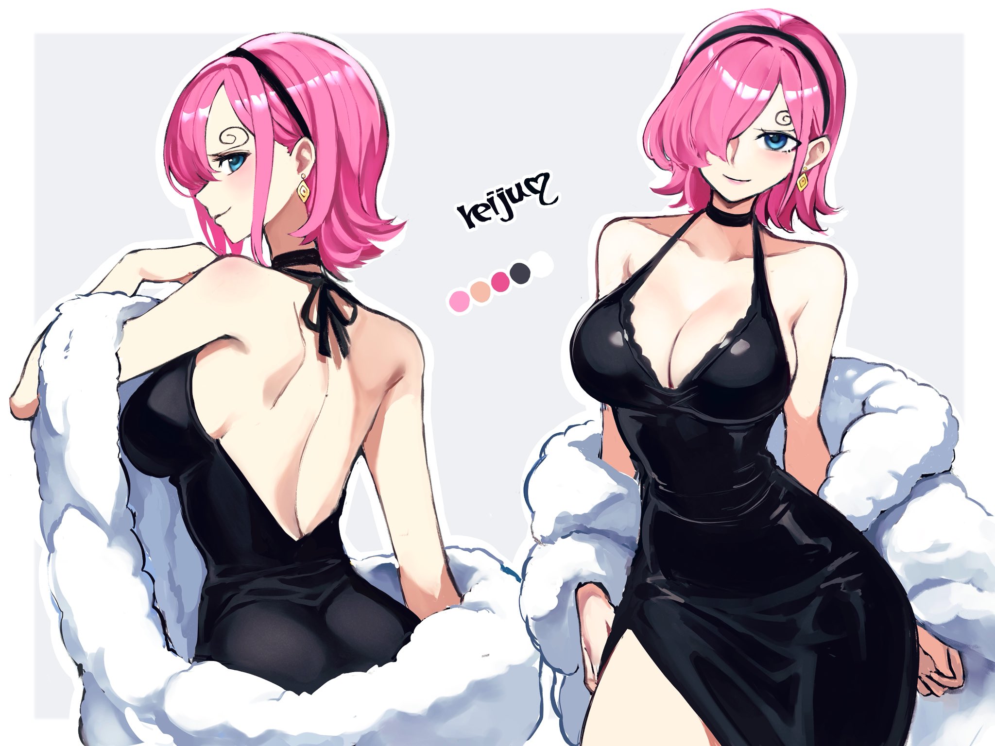 1girls, artist name, ass, bare back, bare shoulders, black choker, black dress, black hairband, blue eyes, blush, border, breasts, choker, cleavage, clothing, coat, collarbone, color guide, curly eyebrows, dress, earrings, female, female only, fur coat, grey background, hair over one eye, hairband, highres, jewelry, kasumi6, large breasts, looking at viewer, looking back, multiple views, one piece, pink hair, pink-haired female, short hair, side slit, sleeveless, sleeveless dress, smile, vinsmoke reiju, white border, white coat