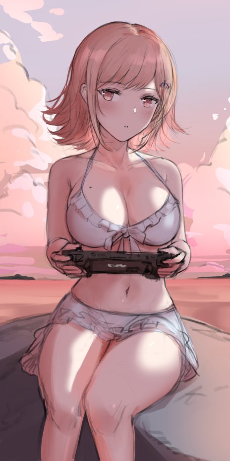 beach, bikini, breasts, brown eyes, brown hair, cleavage, cloud, cloudy sky, danganronpa, danganronpa 2: goodbye despair, female, female only, frilled bikini, frills, handheld game console, holding, holding handheld game console, ippers, large breasts, looking at viewer, mole, mole on breast, nanami chiaki, navel, on rock, parted lips, rock, sitting, sky, solo, swimsuit, white bikini