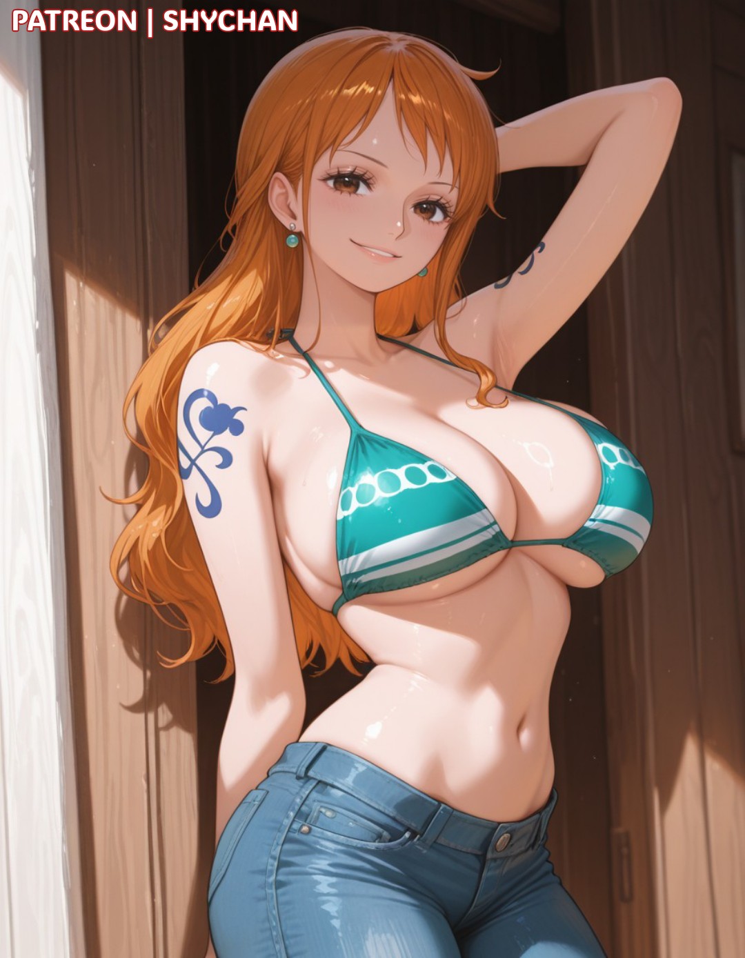 1girls, 2025, ai generated, arm tattoo, bangs, big breasts, bikini, bikini top, blue tattoo, breasts, busty, cleavage, clothing, collarbone, curvy, curvy body, curvy female, curvy figure, earrings, female, female only, huge breasts, jeans, light skin, light-skinned female, long hair, nami (one piece), one piece, orange hair, orange-haired female, pantylines, patreon, patreon username, shychan, smile, solo, solo female, solo focus, stable diffusion, tattoo, thick thighs, thighs, voluptuous, voluptuous female
