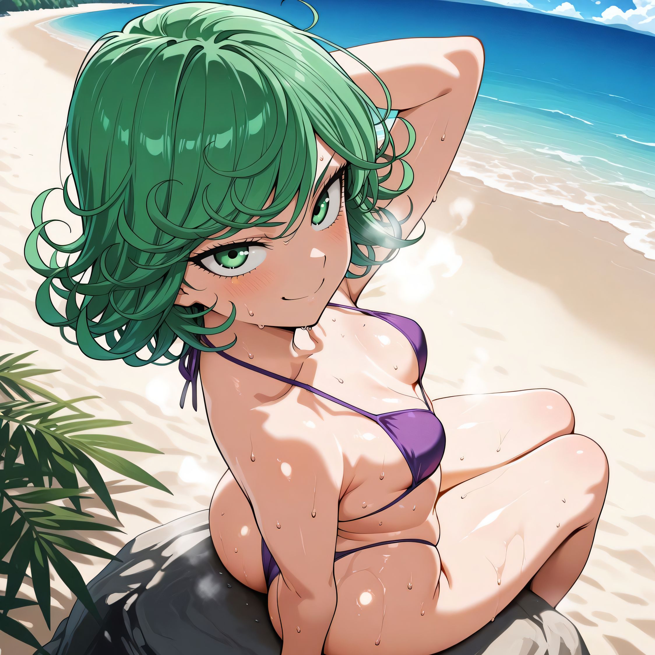 1girls, ai generated, beach, breasts, female, female only, one-punch man, petite, petite body, pov, pov eye contact, small breasts, solo, swimsuit, tatsumaki