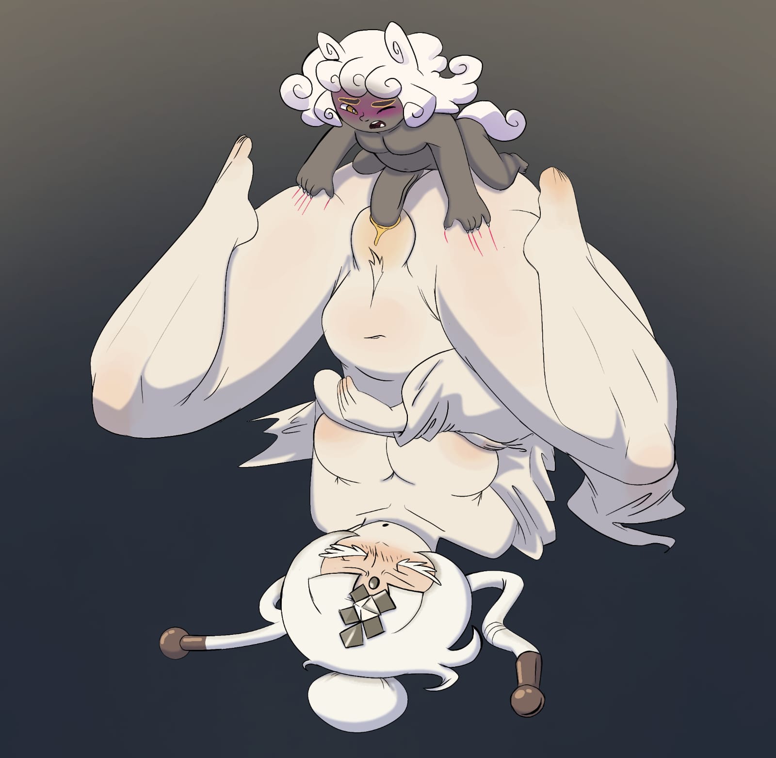 blushing, cloud haetae cookie, cookie run, cookie run kingdom, dark-skinned male, female, light-skinned female, male, mystic flour cookie, naked, scratches, size difference, smaller male, tagme, white hair