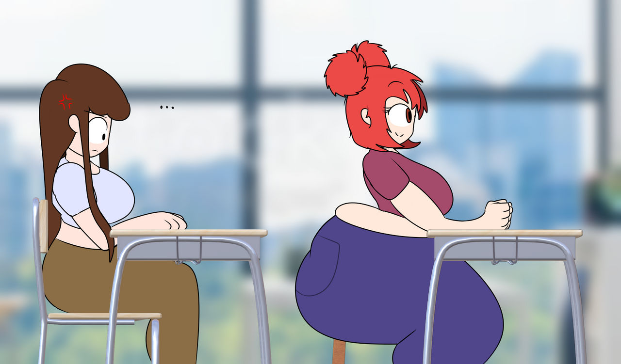 2girls, about to fart, angry, ass, ass envy, big ass, big breasts, big butt, big thighs, breasts, classroom, fart, farting, fat ass, female, huge ass, huge breasts, huge butt, jealous, jealous female, looking at ass, memphisdx, metallicdx, oc, original character, original characters