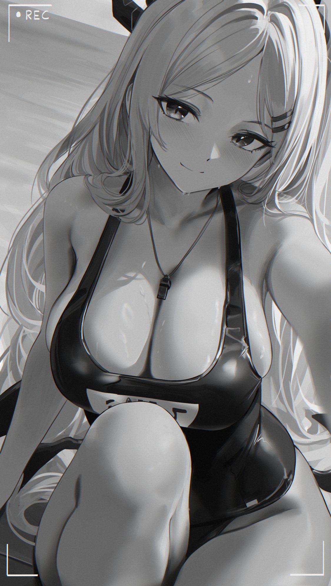aged up, beach, big breasts, black and white, blue archive, blush, breasts, camera view, demon, demon girl, demon horns, female, gehenna academy student, hi res, hina (blue archive), hina (swimsuit) (blue archive), horns, huge breasts, long hair, looking at viewer, non-canonical breasts, non-canonical size, re0n, sea, smile, smiling, swimsuit, video game character, wet, whistle around neck