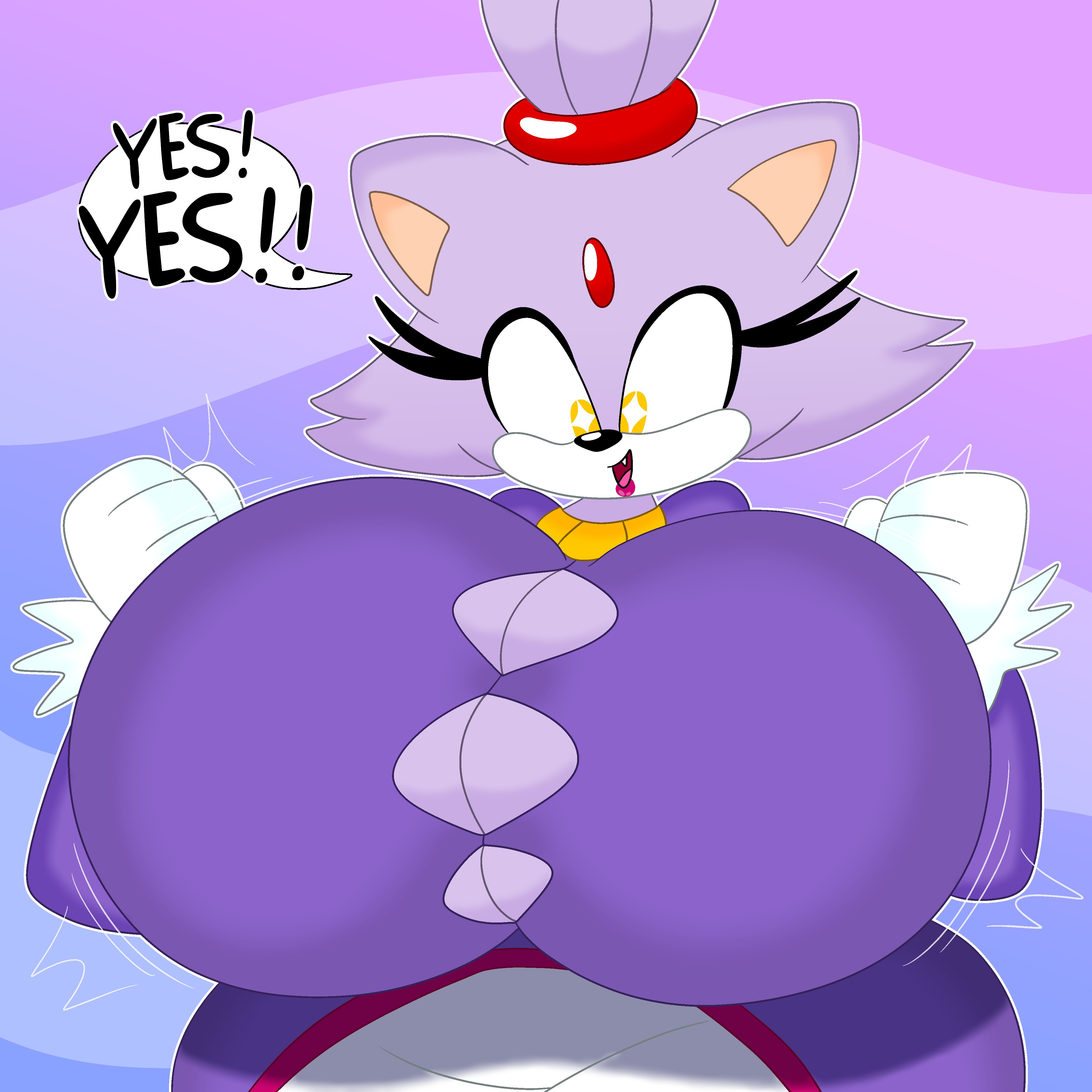 1girls, 3barts, anthro, big breasts, blaze the cat, breast expansion, breast growth, breast growth (enlargement), breasts, bursting breasts, busty, clothing, dialogue, domestic cat, excited, expansion, feline, female, female only, happy, huge breasts, hyper, hyper breasts, large breasts, massive breasts, sega, solo, sonic (series), sonic the hedgehog (series), text, thick thighs, wide hips