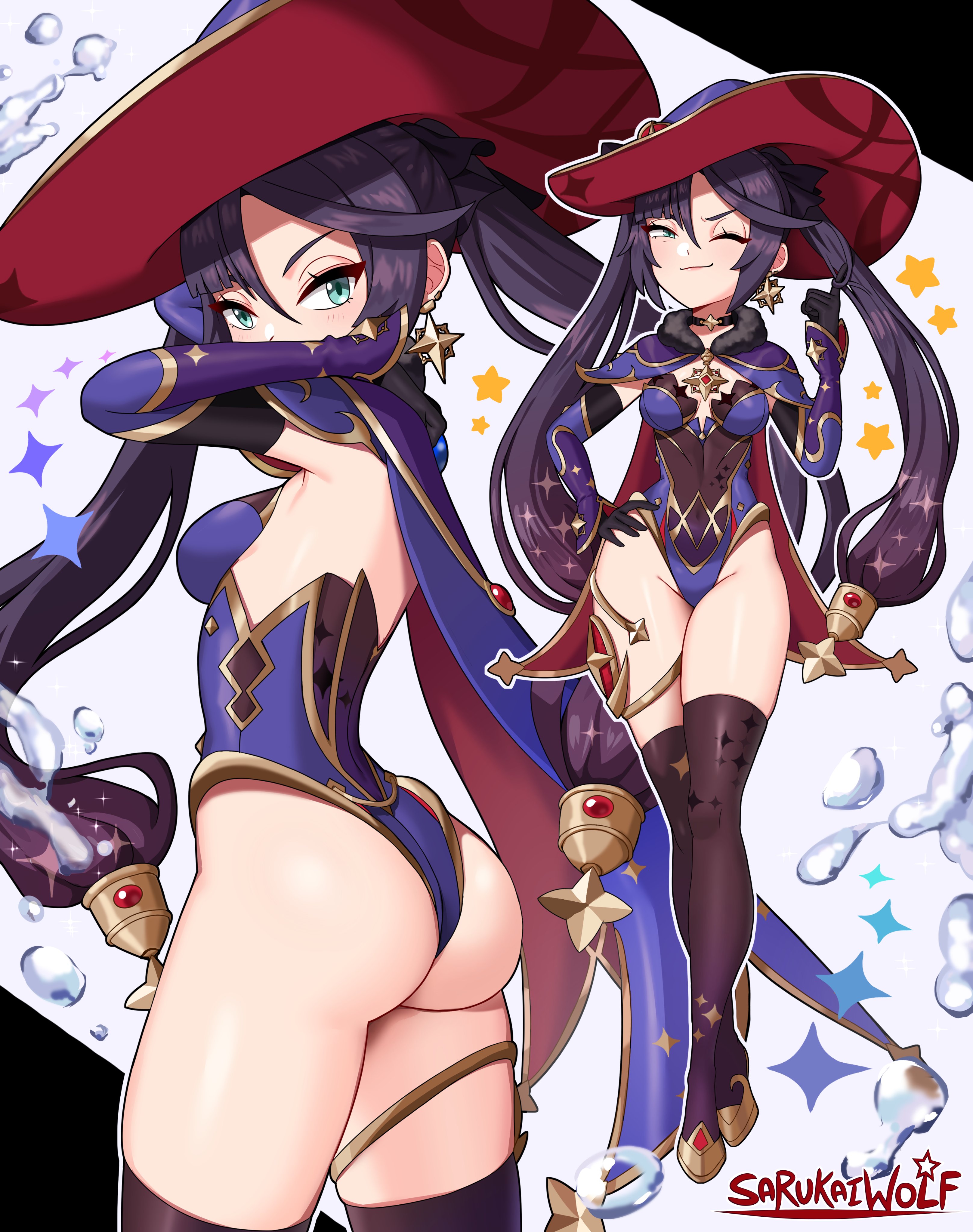 1girls, ass, breasts, clothing, female, genshin impact, looking at viewer, mona (genshin impact), sarukaiwolf, solo, tagme, thighhighs, thighs