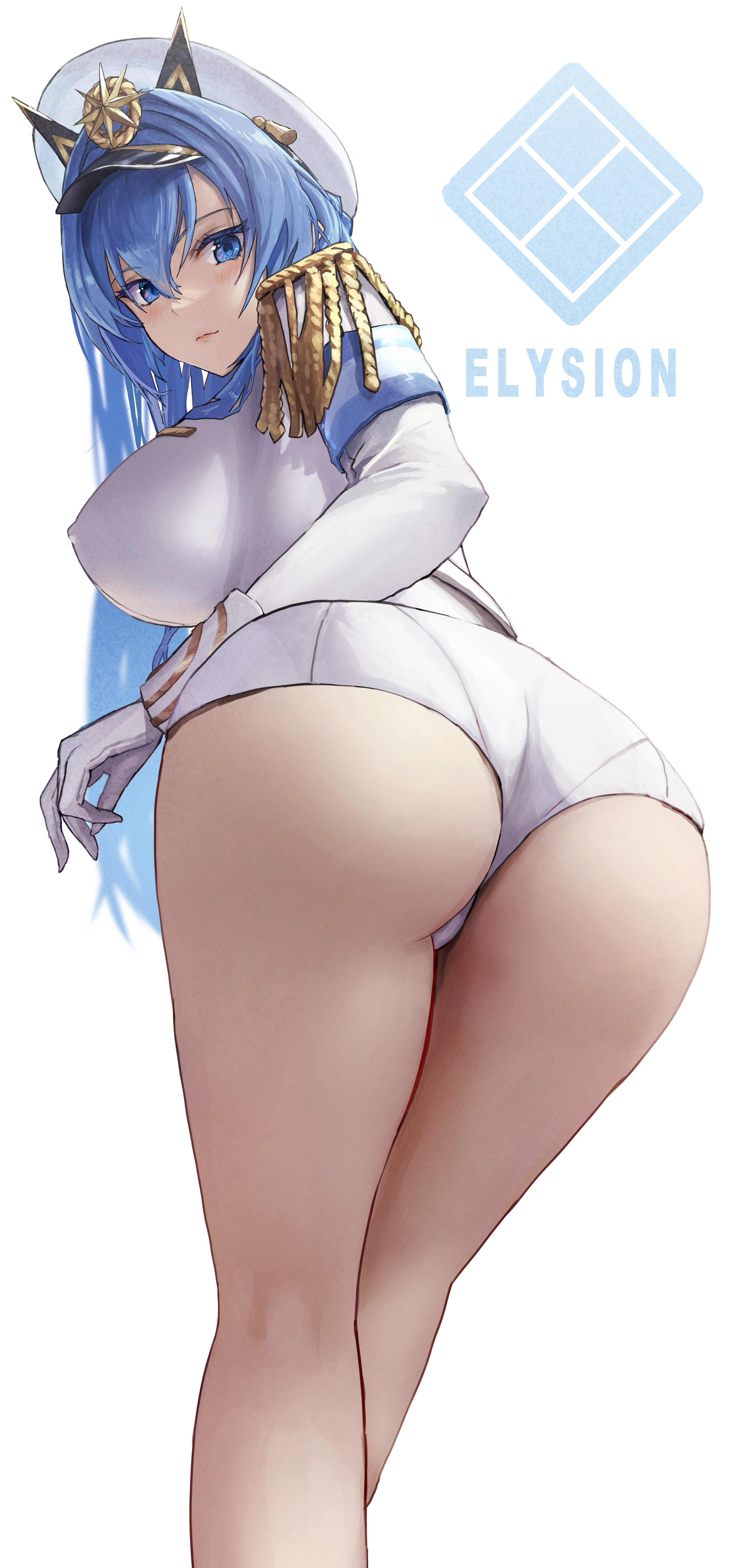 1girls, absurdres, ass, blue eyes, blue hair, blush, breasts, covered erect nipples, epaulettes, female, gloves, goddess of victory: nikke, hat, helm (nikke), highres, large breasts, leaning, leaning forward, light skin, light-skinned female, long hair, looking at viewer, looking back, pantylines, shiny, shiny hair, shiny skin, short shorts, shorts, simple background, smile, solo, white background, white gloves, zoe (z o e 7)