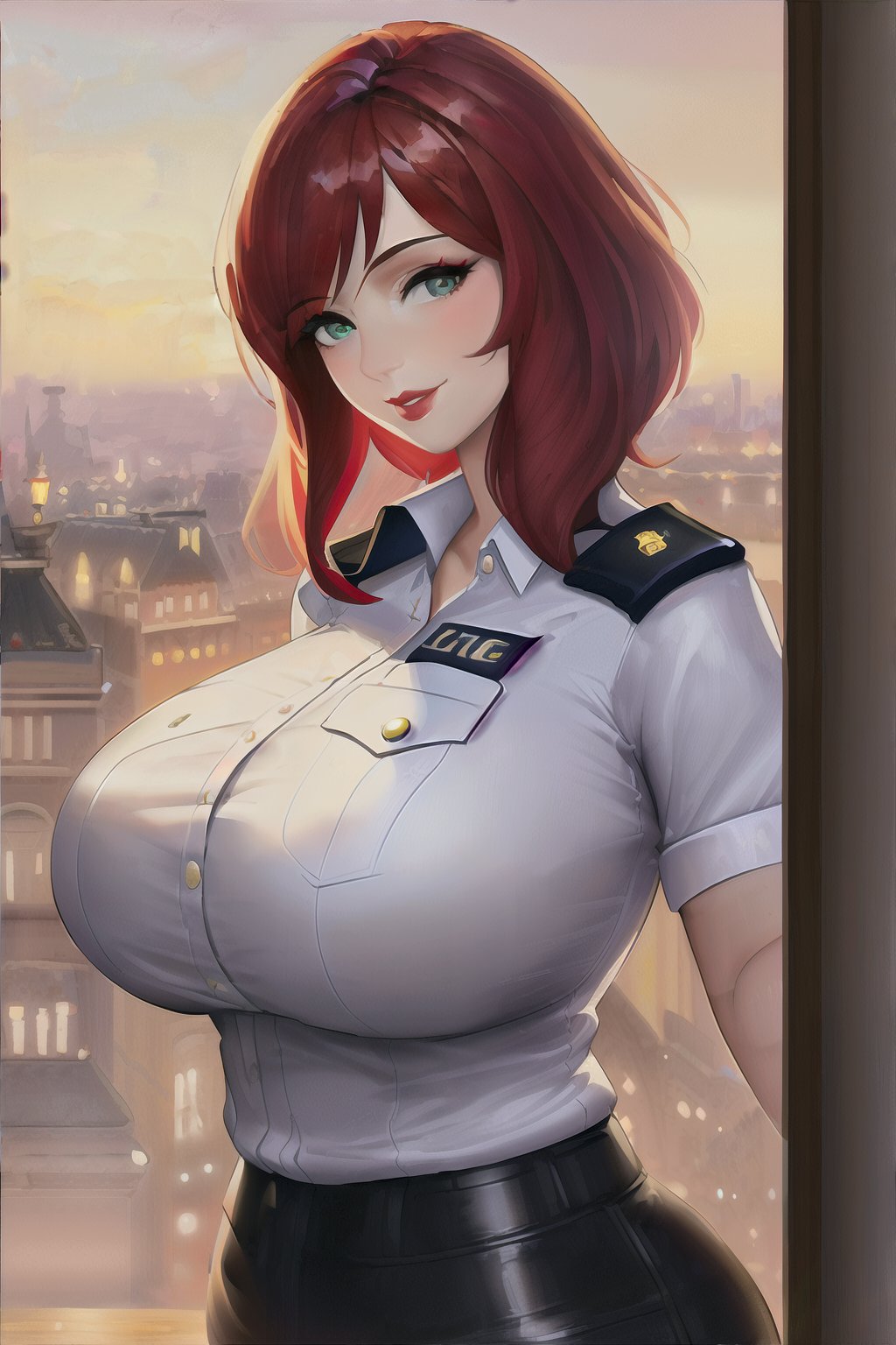 1girls, ai generated, alternate breast size, big breasts, breasts, bulging breasts, clothed female, female, female only, high resolution, long hair, looking at viewer, nai diffusion, original, police uniform, policewoman, red hair, seductive look, solo, stable diffusion