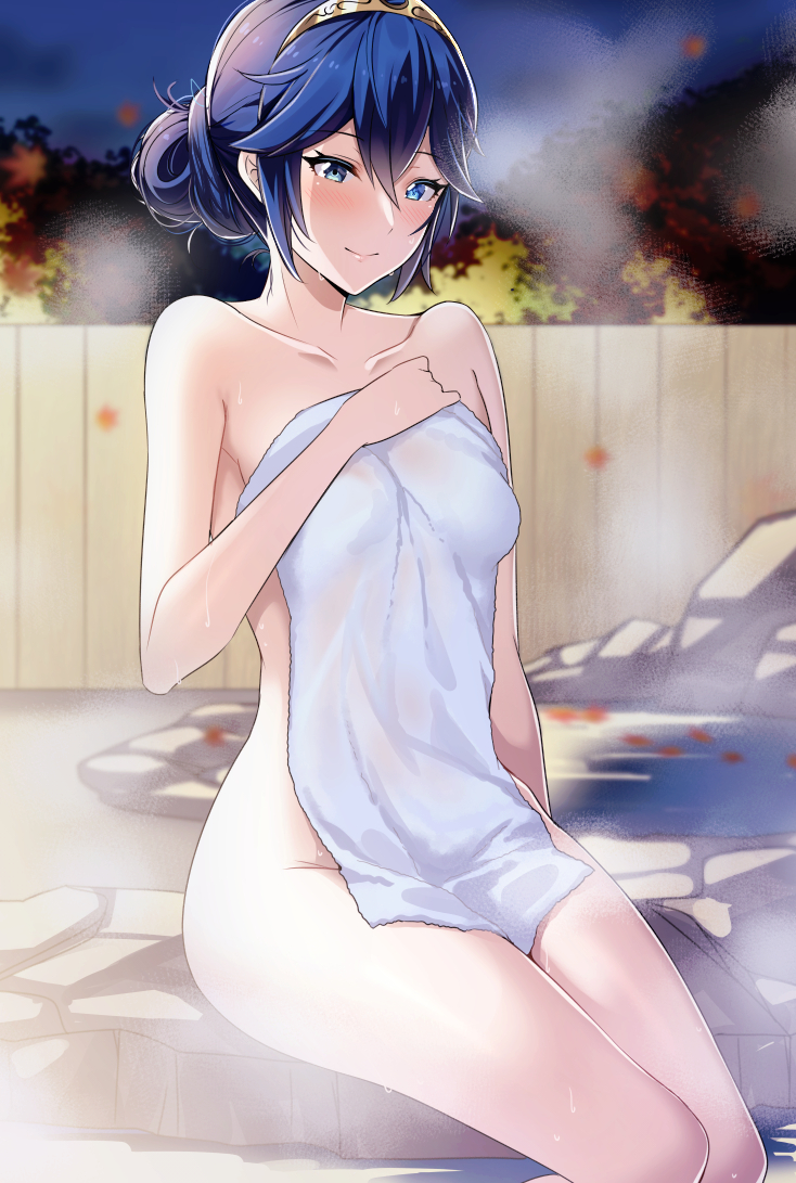 1girls alternate_hairstyle ameno_(a_meno0) blue_eyes blue_hair blush breasts closed_mouth collarbone commentary commentary_request covering covering_breasts covering_stomach female female female_only fire_emblem fire_emblem_awakening hair_bun holding holding_towel jewelry lips long_hair looking_at_viewer lucina_(fire_emblem) naked_towel night nintendo nude nude_cover nude_female onsen pink_lips single_hair_bun sitting small_breasts smile solo steam tiara towel wet white_towel