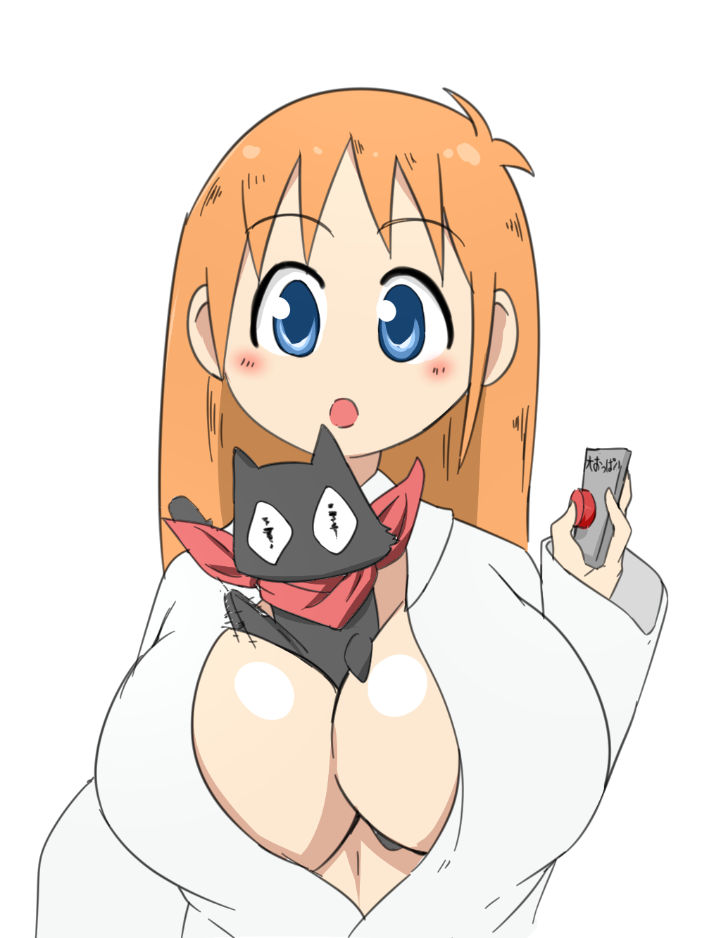 1girls alternate_breast_size anonymous_artist between_breasts blue_eyes blush breasts button cleavage feline feline hakase_shinonome huge_breasts jacket long_hair nichijou open_jacket open_mouth orange_hair pressing_button white_jacket