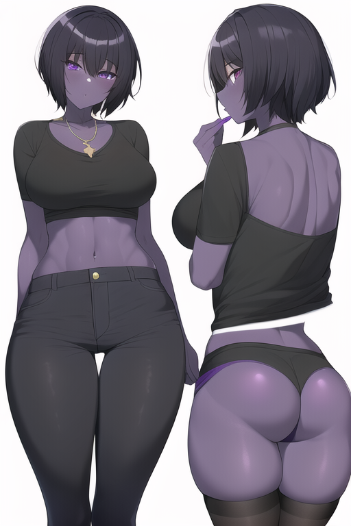 1girls ai_generated belly_button black_hair breasts clothed female female_only fit_female frooj-ai hips jeans lipstick morvid nai_diffusion purple_eyes purple_skin roblox roblox_game rogue_lineage self_upload solo stable_diffusion thighhighs thighs toned toned_female