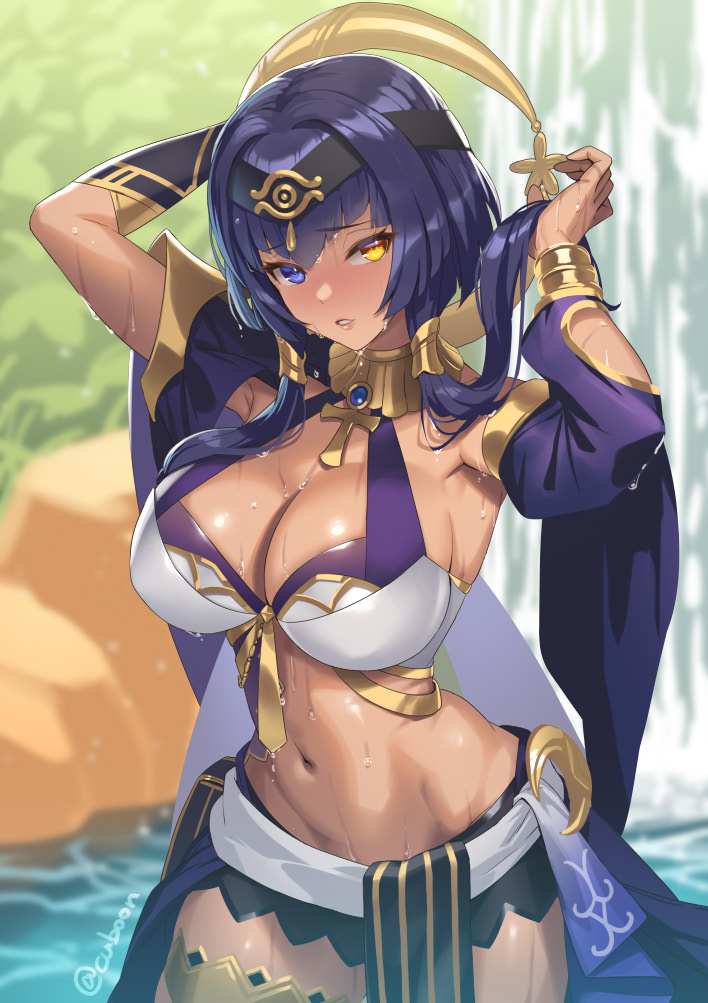 armpits, arms up, belly, blue eyes, blue hair, breasts, candace (genshin impact), cleavage, cuboon, dark skin, dark-skinned female, egyptian, egyptian female, female, genshin impact, heterochromia, midriff, navel, wet, yellow eyes