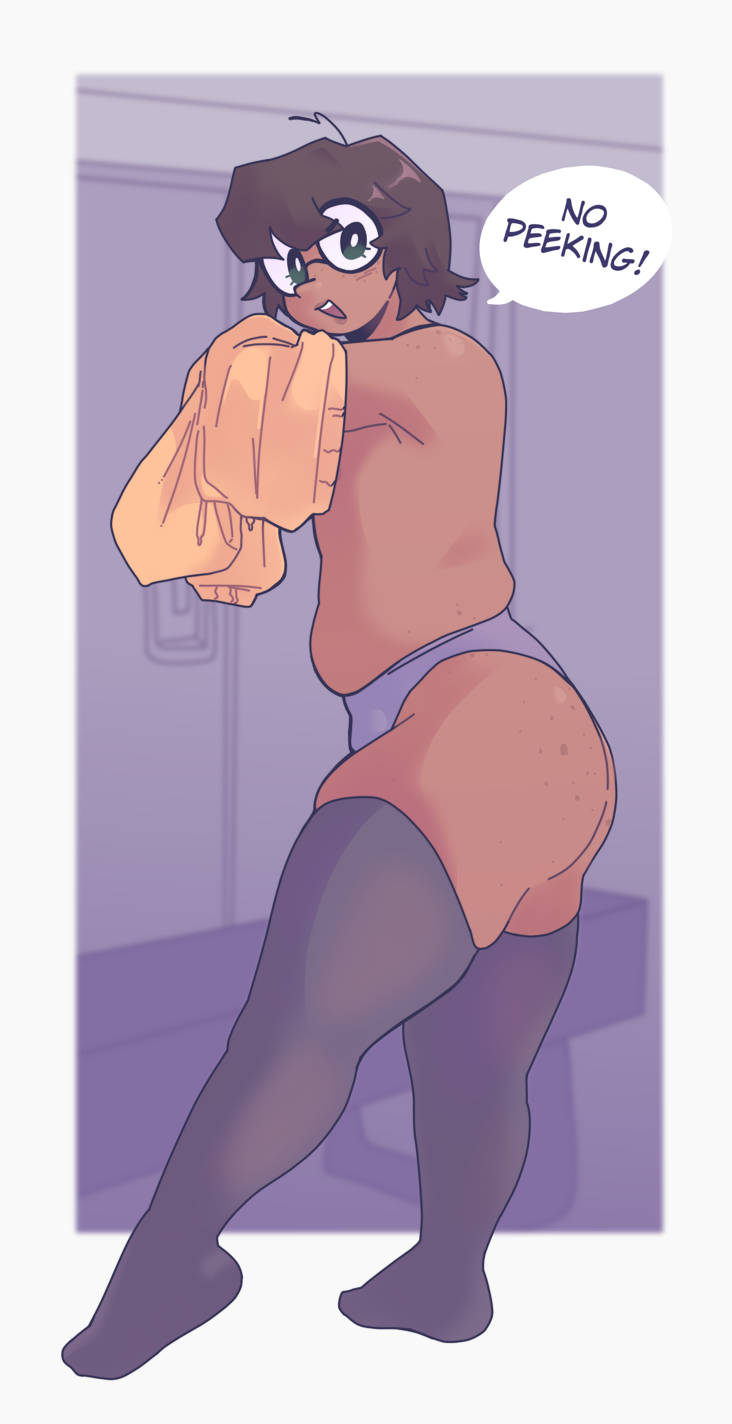 1boy, ass, big ass, blush, chubby, chubby femboy, color, dark skin, dark-skinned femboy, dark-skinned male, dialogue, eddie (glassesfetish), femboy, freckles, glasses, glassesfetish, locker room, male, offscreen character, panties, side view, simple background, solo male, stockings, stripping, tan skin, text, thick thighs, thigh squish, undressing