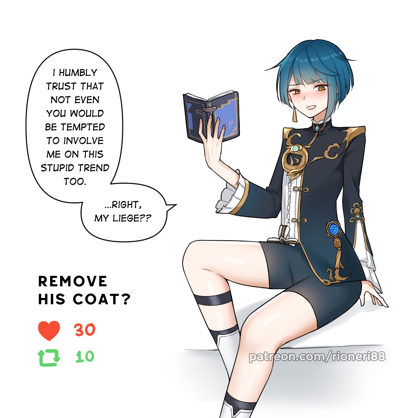 1boy, blue hair, effeminate, english text, female, femboy, genshin impact, girly, male, male only, otoko no ko, otokonoko, rioneri, solo, text, tomgirl, trap, xingqiu (genshin impact)