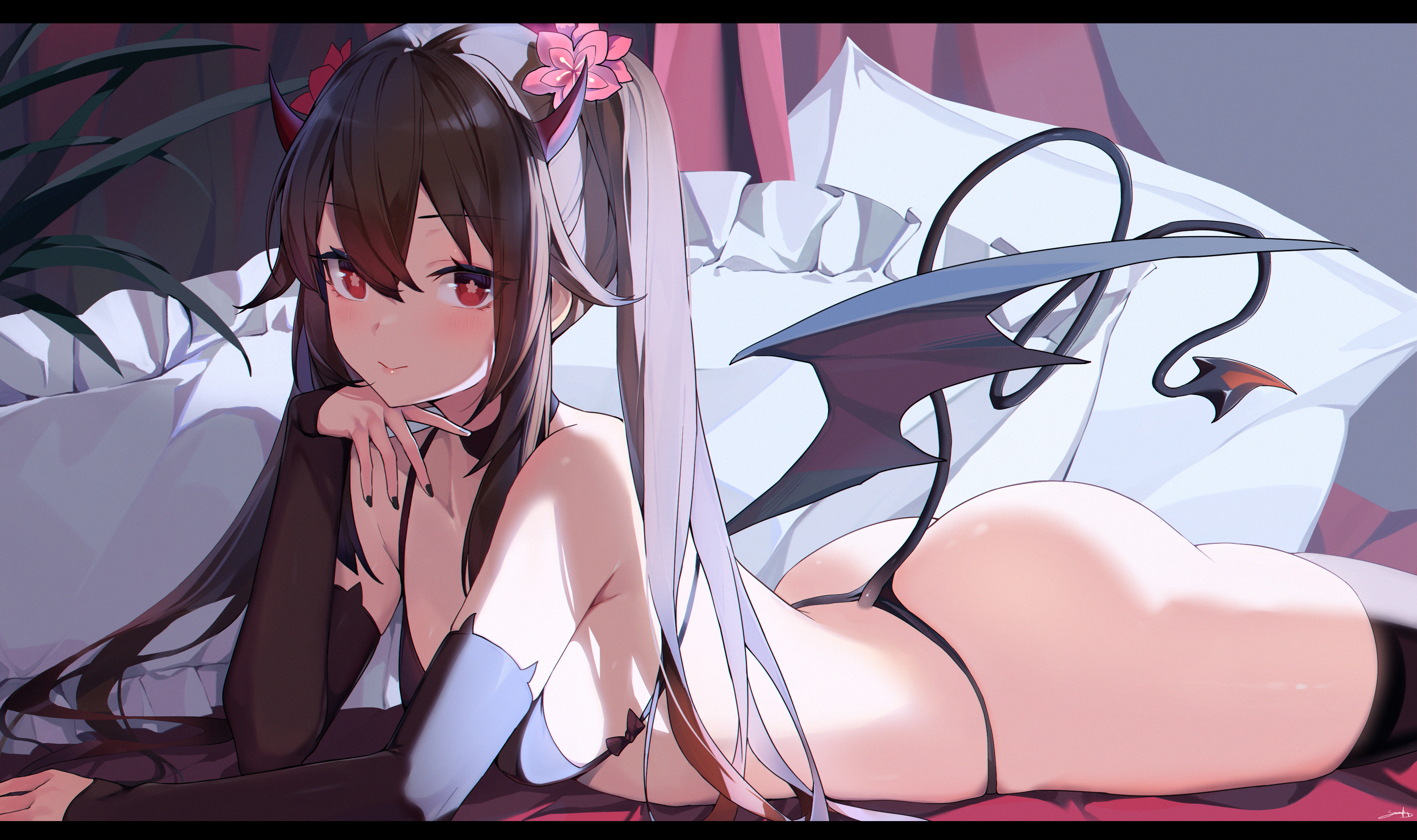 1girls, ass, bed, big ass, bikini, blush, breasts, brown hair, demon, female, genshin impact, hi res, hu tao (genshin impact), on bed, pillow, pose, prone, red eyes, seductive, seductive look, small breasts, succubus, succubus costume, succubus tail, thighhighs, thong bikini, twintails