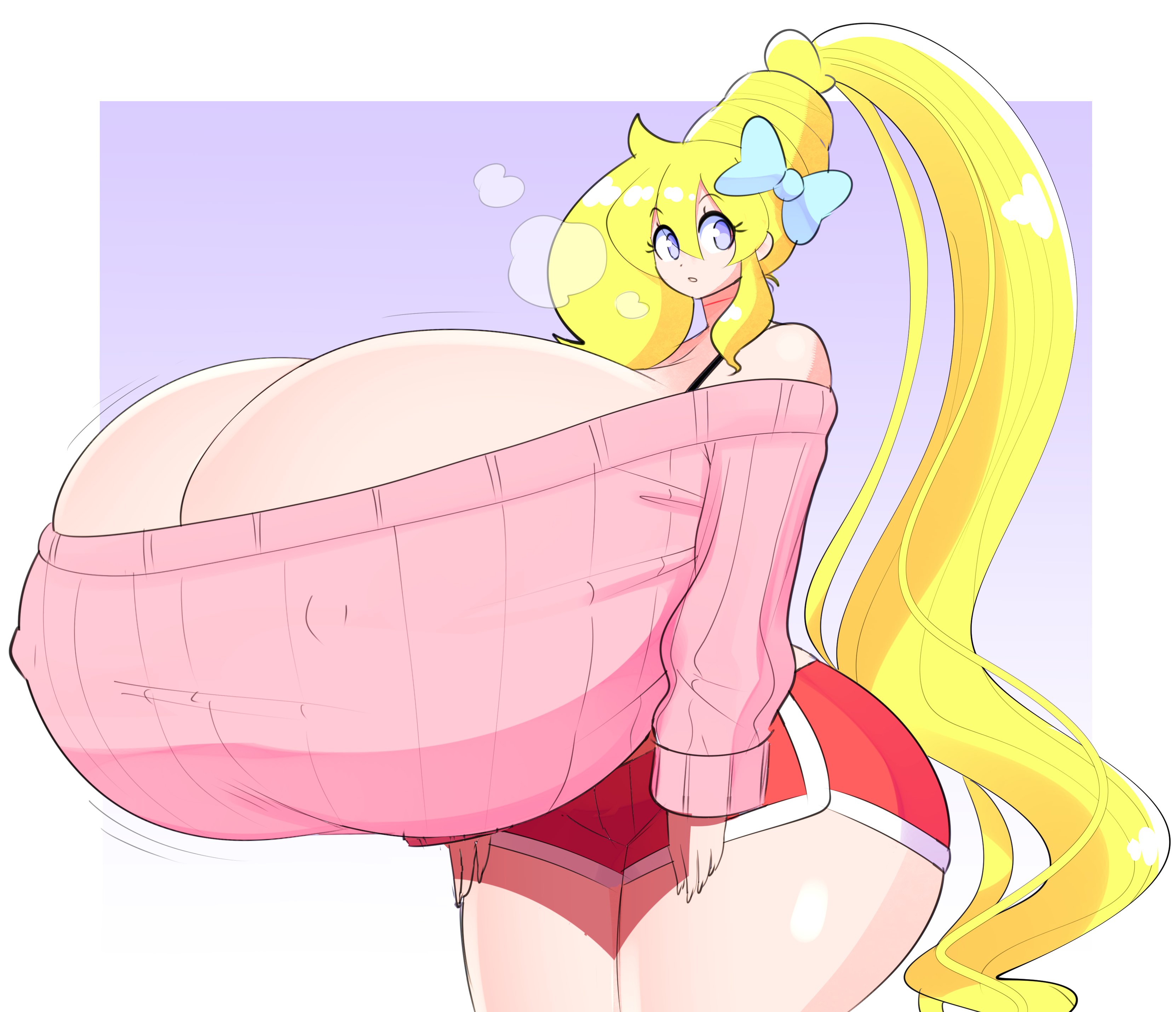 1girls, 2022, blonde hair, blue eyes, breasts, cassie (theycallhimcake), cleavage, female, female focus, gigantic breasts, hips, huge breasts, hyper, hyper breasts, long hair, looking at viewer, massive breasts, nipple bulge, ponytail, shorts, simple background, size fetish, solo, solo female, solo focus, sweater, theycallhimcake, thick thighs, thighs, top heavy, white background, wide hips