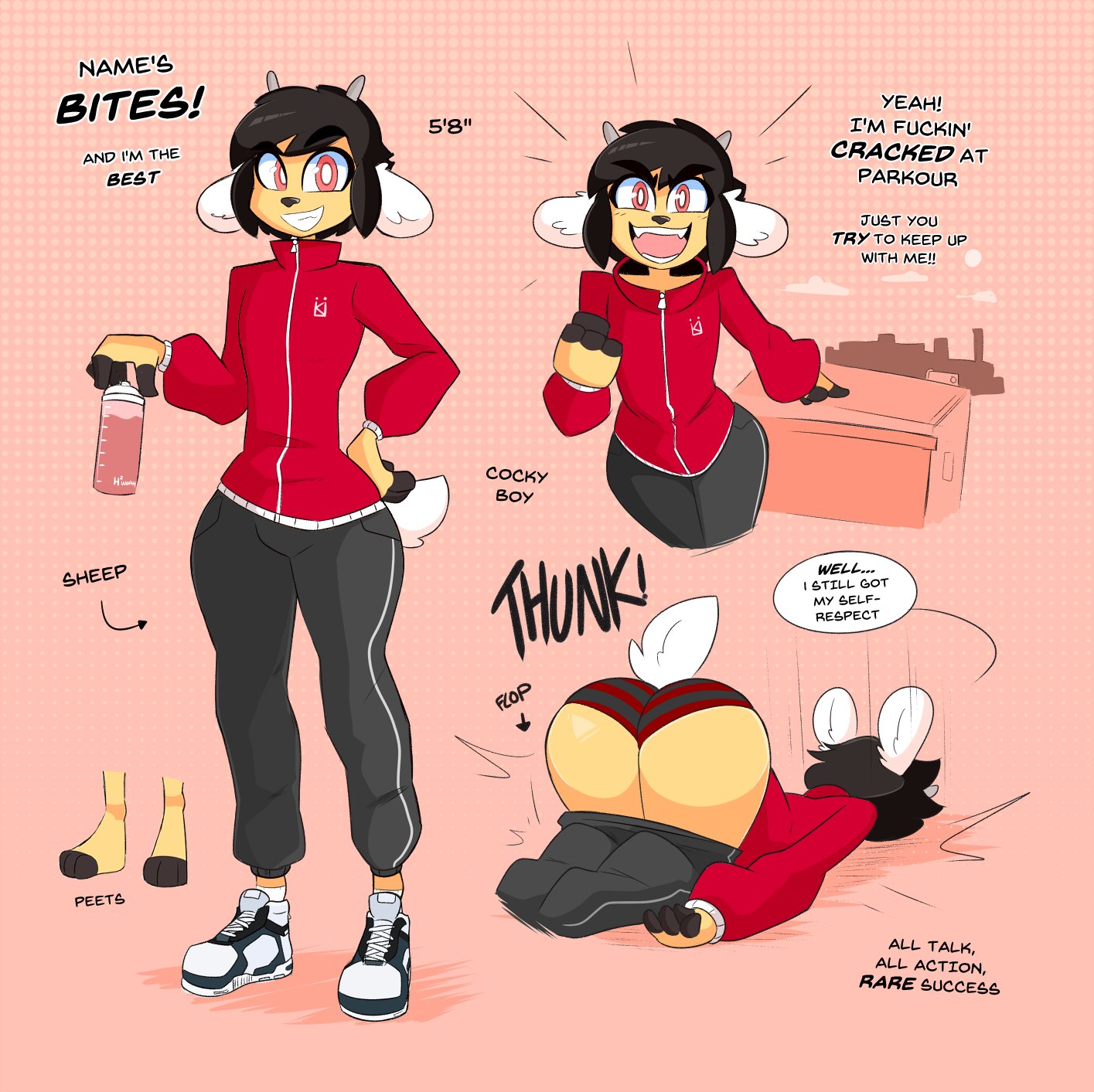 androgynous, anthro, ass, big ass, bites (kilinah), bubble ass, bubble butt, clothed, clothing, dialogue, english text, fur, furry, furry only, hi res, huge ass, kilinah, male, male only, original, original character, sheep, tail, text, thick thighs, wide hips