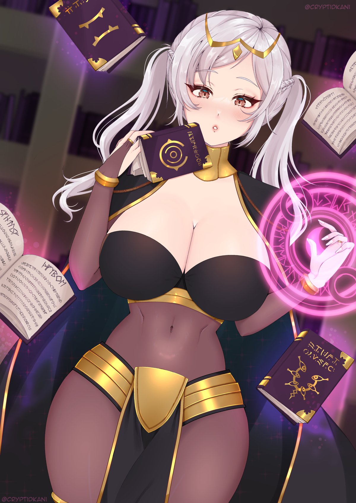 1girls alternate_costume bodystocking book bookshelf breasts brown_eyes cape cleavage cosplay cryptid_crab female female_only fire_emblem fire_emblem_awakening grey_hair halloween halloween_costume indoors large_breasts levitation long_hair magic magic_circle nintendo robin_(fire_emblem) robin_(fire_emblem)_(female) solo tharja_(fire_emblem)_(cosplay) thick_thighs thighs twintails