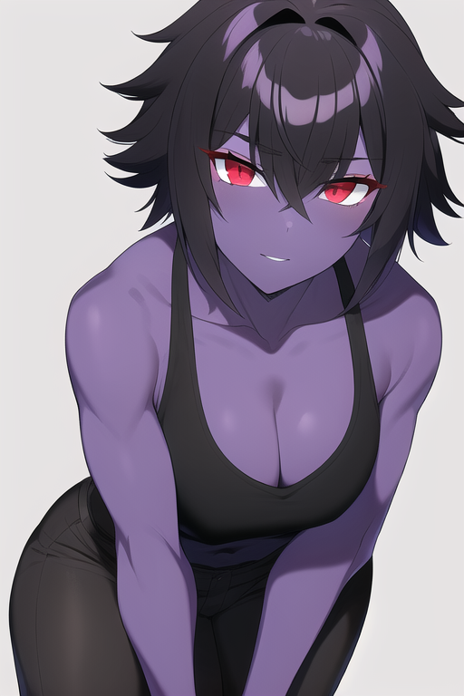 1girls ai_generated black_hair breasts clothed female female_only fit_female frooj-ai fully_clothed morvid nai_diffusion purple_skin red_eyes roblox roblox_game rogue_lineage self_upload solo stable_diffusion tomboy toned toned_female