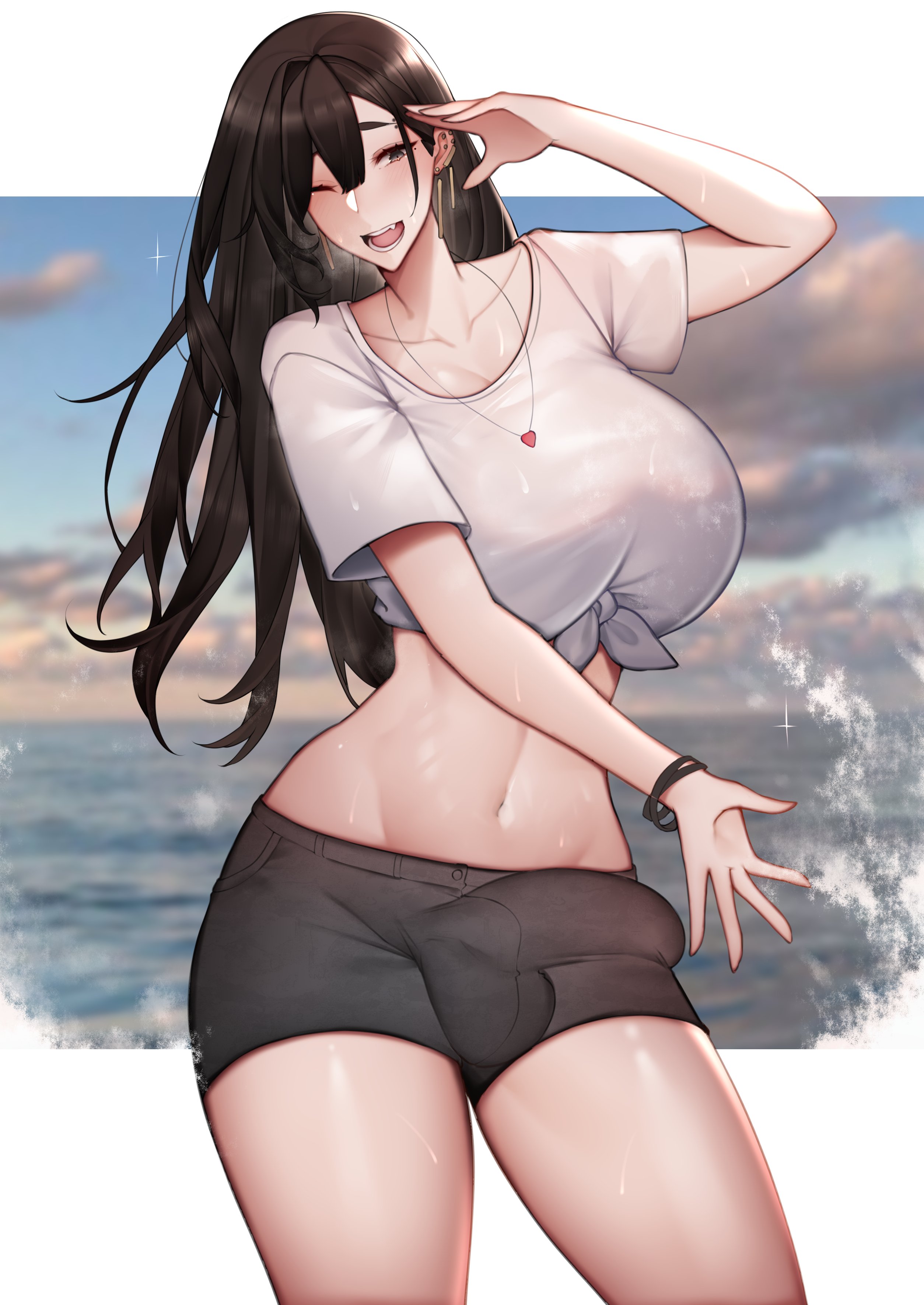 1futa, balls, beach, big balls, booty shorts, breasts, brown hair, bulge, bulge to side, cameltail, flaccid, futa only, futanari, hi res, huge breasts, huge cock, hung, intersex, large penis, light skin, light-skinned futa, long hair, niwada (unbeller), oc, original, original character, outdoors, penis, short shorts, shorts, smile, solo, solo futa, unbeller, wet, wink