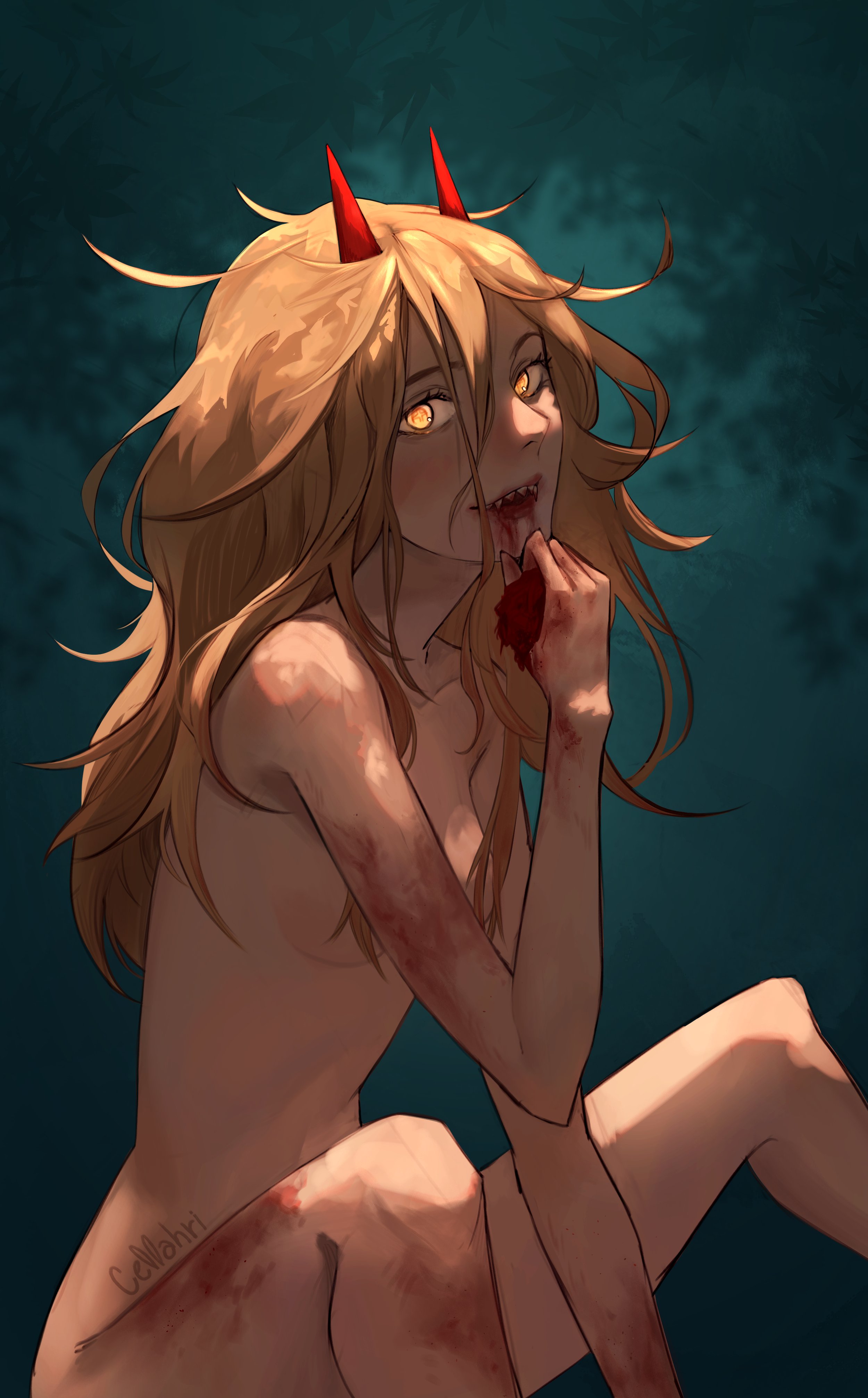 1girls, blonde hair, blood, blood in mouth, blood on face, blood on hand, blood stain, breasts, cella, chainsaw man, convenient censoring, demon, demon girl, demon horns, dirty, female, female only, glowing eyes, light skin, light-skinned female, looking at viewer, messy hair, nude, power (chainsaw man), power (feral), shounen jump, small breasts