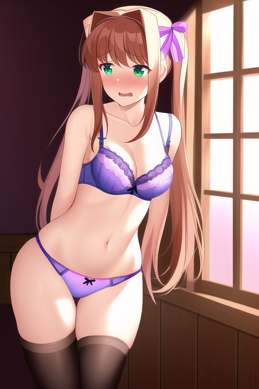 ai_generated black_legwear blush bra brown_hair doki_doki_literature_club female funemily1 green_eyes medium_breasts monika_(doki_doki_literature_club) nai_diffusion panties scared skirt stable_diffusion tagme thighhighs