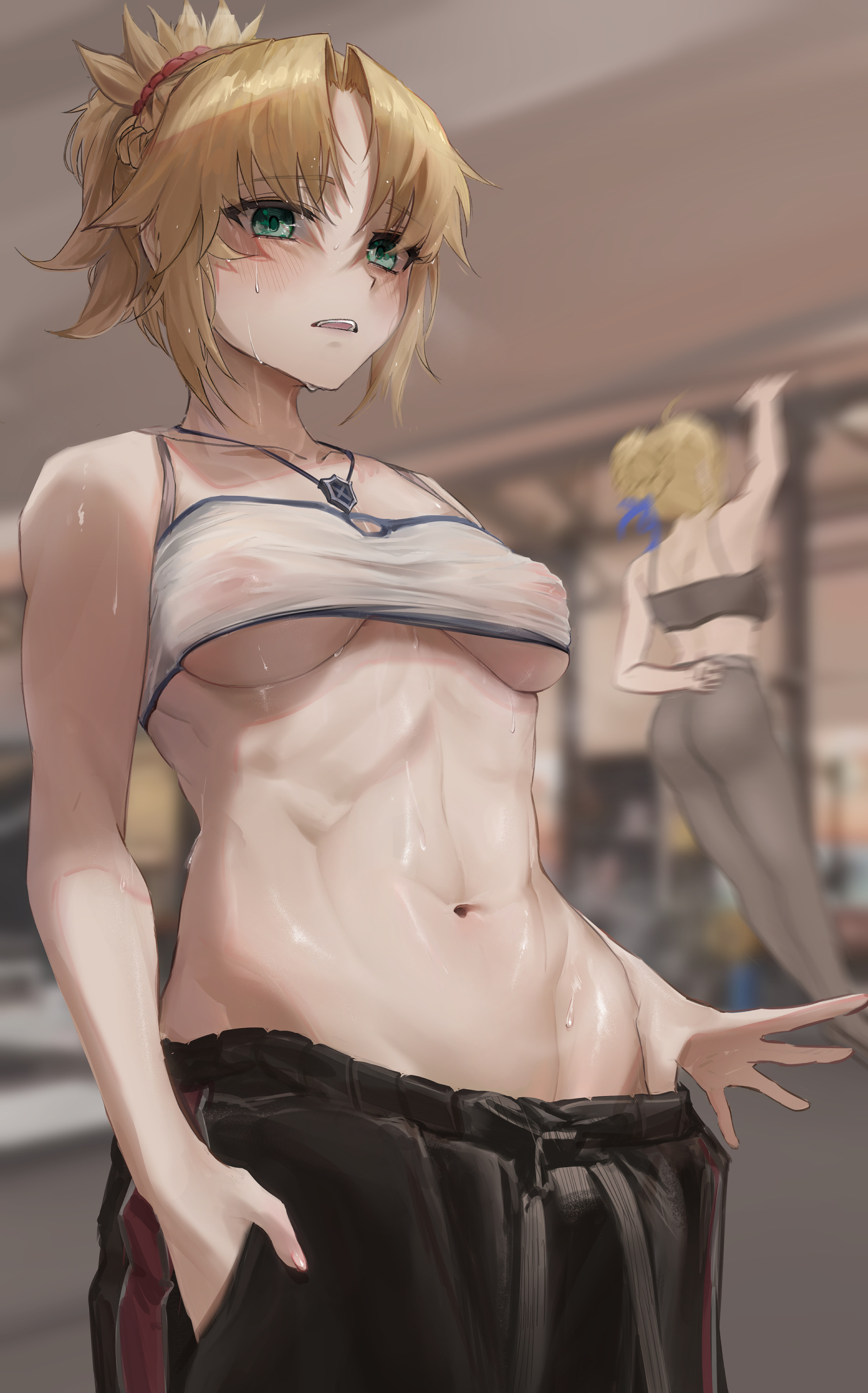 2girls, abs, absurd res, artoria pendragon, blonde hair, character in background, exhausted, fate (series), fate/apocrypha, fate/grand order, female, female only, fit, green eyes, gym, hand in pocket, light skin, light-skinned female, looking at viewer, mookie (e mook9), mordred (fate), mother and daughter, multiple females, multiple girls, necklace, nipples visible through clothing, open mouth, ponytail, shorts, sweat, sweatdrop, sweating, wet, wet clothes, workout