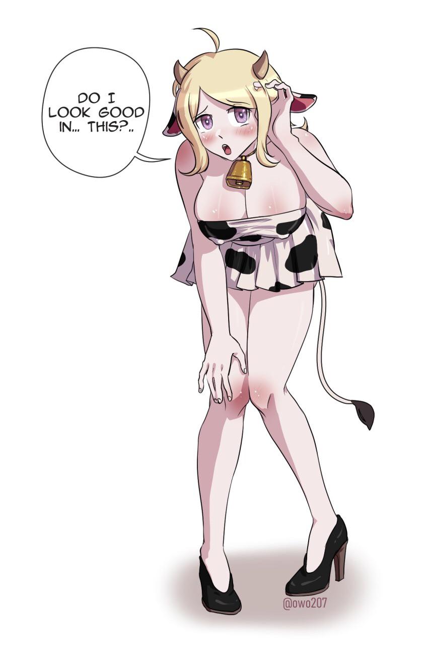 akamatsu kaede, blush, breasts, cleavage, cow bell, cow bell collar, cow ears, cow girl, cow horns, cow print, cow tail, danganronpa, danganronpa v3, dialogue, female, female only, large breasts, nikkei (artist), straight hair
