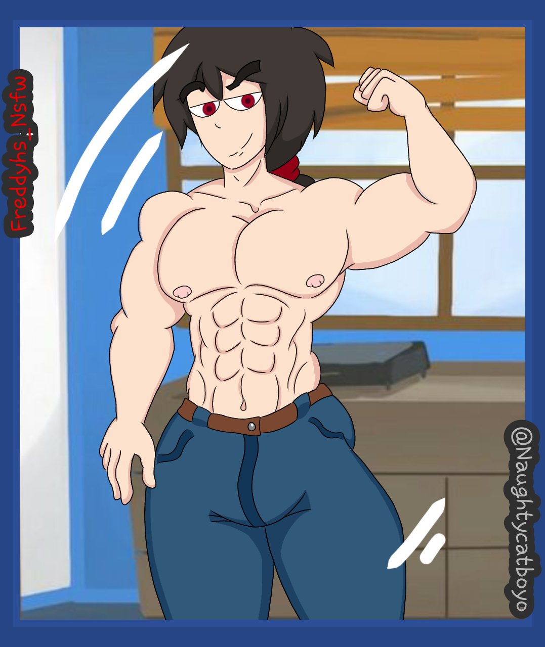 bad_anatomy bara big_penis black_hair fnafhs fnafhs_z3ro fnafhsrule34 fred_(fnafhs) freddyhsnsfw male muscles package penis penis_under_clothes toony