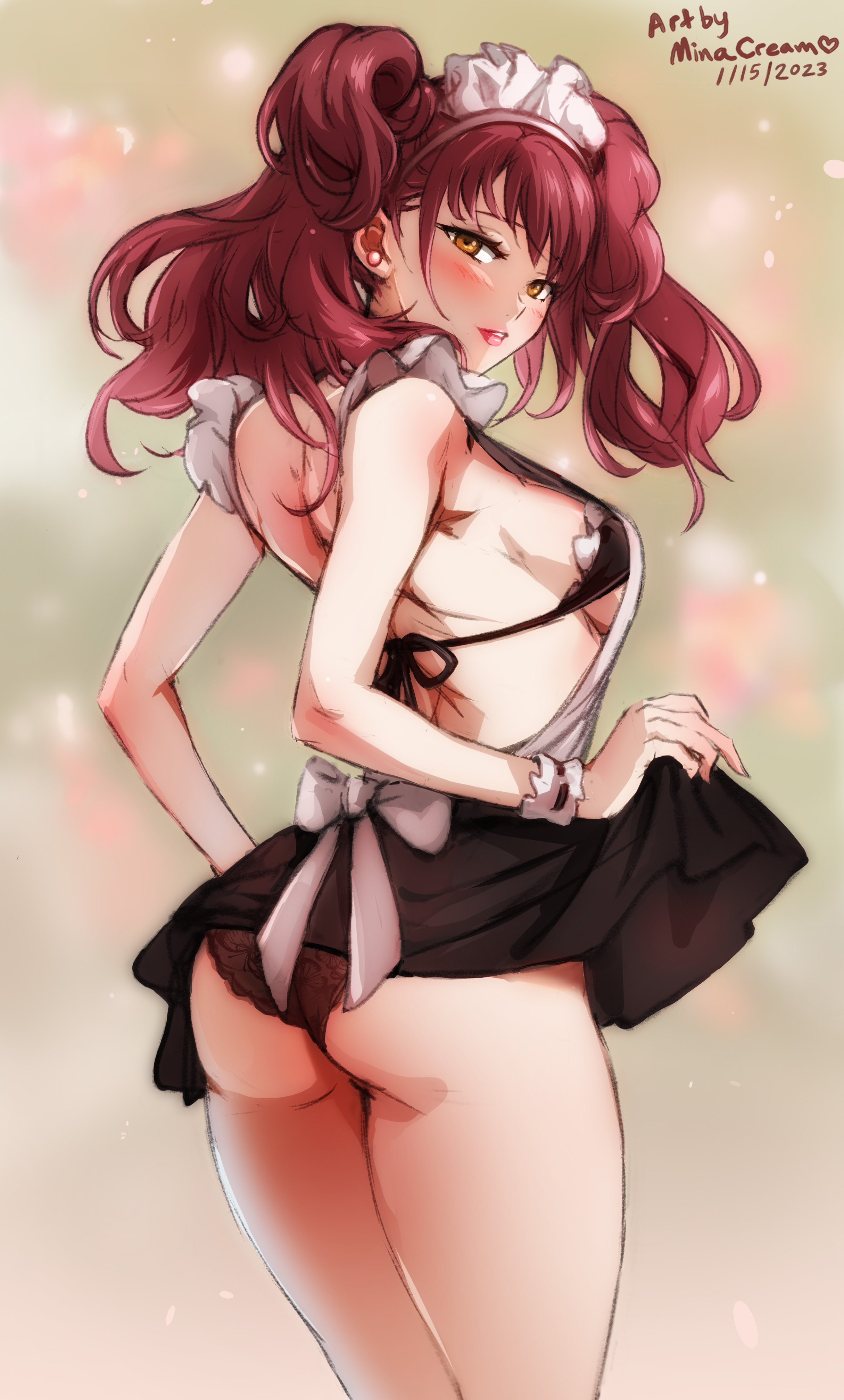 1girls, 2020s, 2023, apron, ass, blush, bra, brown hair, clothed, female, female only, highres, kujikawa rise, looking at viewer, looking back, maid, maid headdress, minacream, panties, persona, persona 4, skirt, skirt lift, solo, twintails, underwear