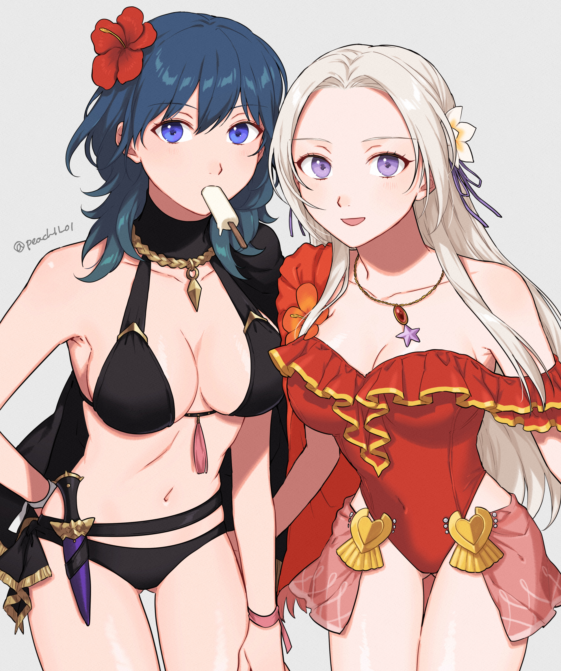 2girls, alternate costume, bikini, black bikini, black swimsuit, blue eyes, blue hair, breasts, byleth (fire emblem), byleth (fire emblem) (female), cape, cleavage, edelgard von hresvelg, edelgard von hresvelg (summer), female, female only, fire emblem, fire emblem heroes, fire emblem: three houses, flower, food, frilled swimsuit, frills, hair flower, hair ornament, highres, jewelry, long hair, looking at viewer, medium hair, multiple females, multiple girls, necklace, official alternate costume, one-piece swimsuit, peach11 01, popsicle, popsicle in mouth, purple eyes, red one-piece swimsuit, red swimsuit, smile, swimsuit, white hair