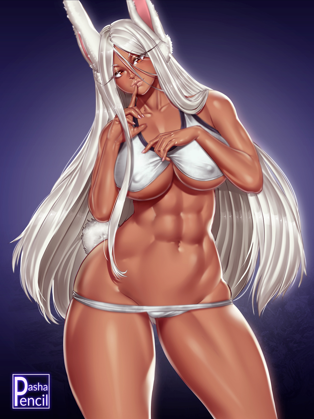 1girls, abs, big breasts, breasts, bunny ears, bunny tail, erect nipples, female, female only, hair, long hair, miruko, muscles, muscular, muscular female, my hero academia, nipples, nipples visible through clothing, pashapencil, red eyes, rumi usagiyama, solo, solo female, sports bra, tail, thick thighs, thighs, thong, white hair, white sports bra, white thong