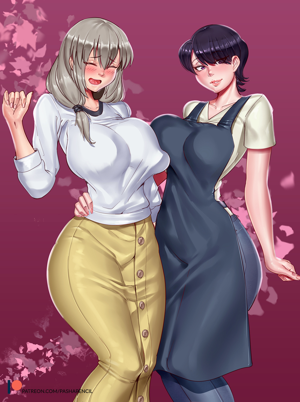 2girls apron big_breasts black_apron blush bottomwear breasts closed_eyes female female_only hair hand_on_hip huge_breasts komi-san_wa_komyushou_desu komi_shuuko lips mature mature_female mature_woman milf mother open_mouth pants pashapencil purple_eyes purple_hair shirt short_hair smile topwear uzaki-chan_wa_asobitai! uzaki_tsuki very_short_hair white_shirt yuri