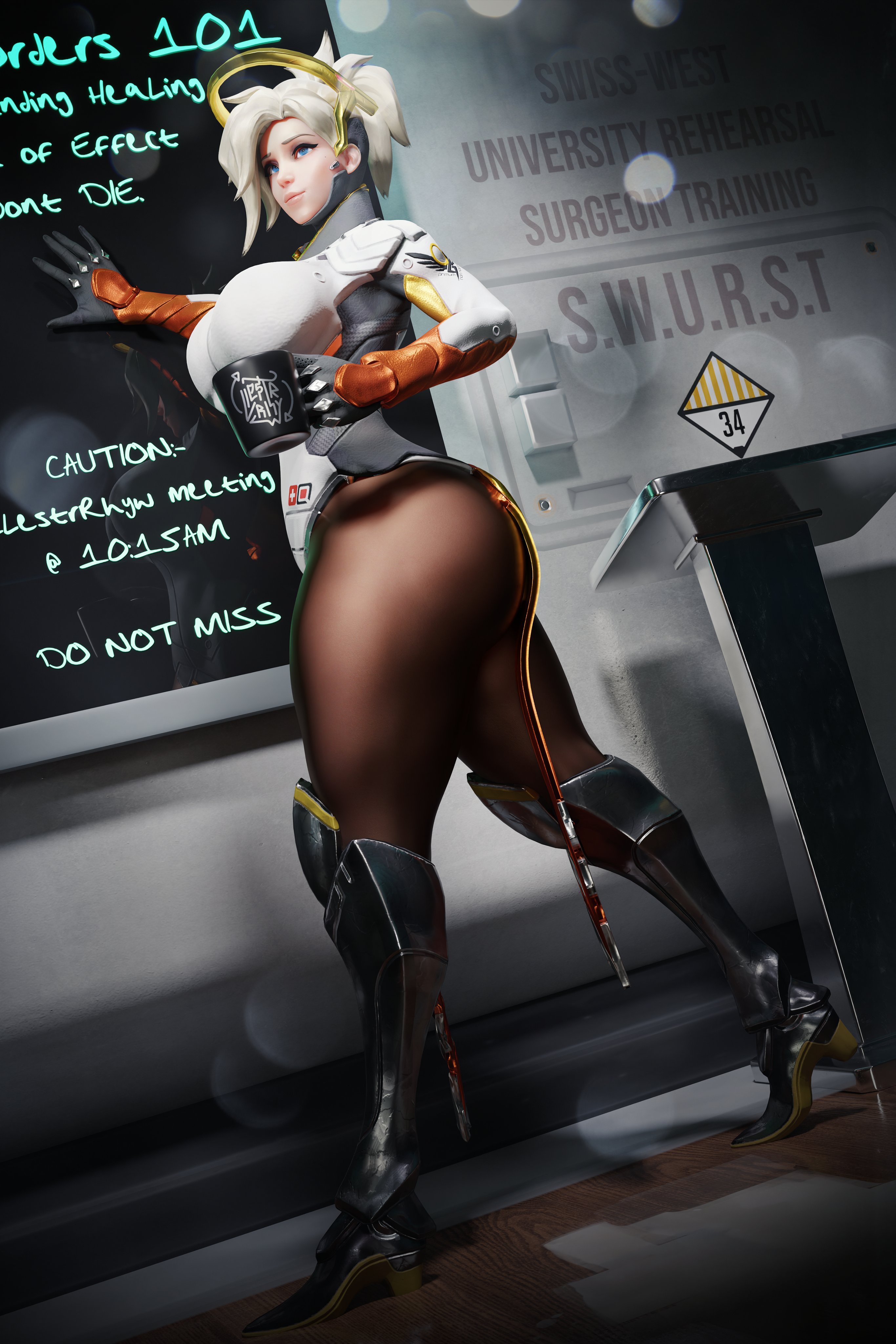 1girls, 3d, ass, big ass, big breasts, blonde hair, blue eyes, boots, breasts, clothed, clothed female, coffee mug, female, female only, fully clothed, gloves, holding object, mercy, overwatch, rhywlad, solo, solo female