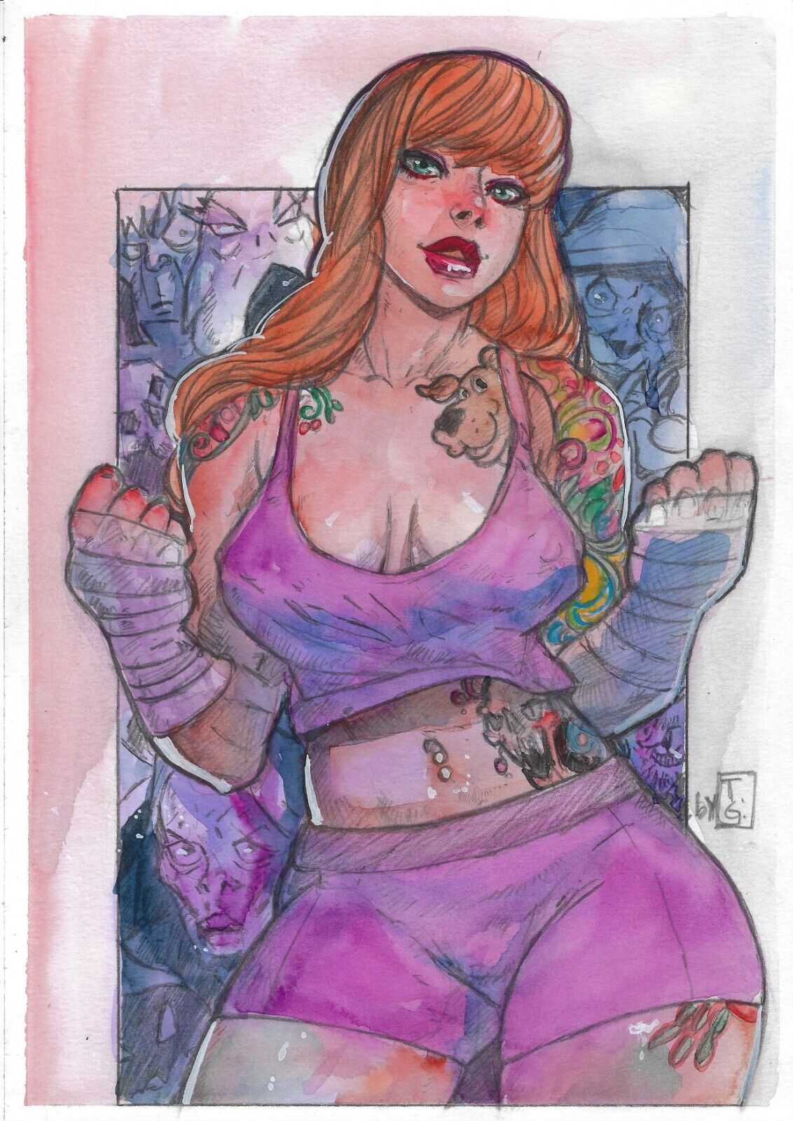 1girls 2022 big_breasts boxing_gloves clothed_female daphne_blake hanna-barbera high_resolution long_hair navel_piercing orange_hair scooby-doo tagme tamiegadelha watercolour