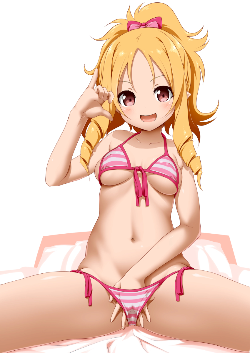 1girls akazawa_red bed bikini blonde_hair bow bow_in_hair breasts brown_eyes eromanga_sensei front-tie_bikini hand_in_bikini hand_in_swimsuit looking_at_viewer masturbation medium_breasts midriff navel pillow pink_bikini pink_swimsuit ponytail side-tie_bikini side-tie_swimsuit sitting_on_bed striped_bikini striped_swimsuit swimsuit yamada_elf