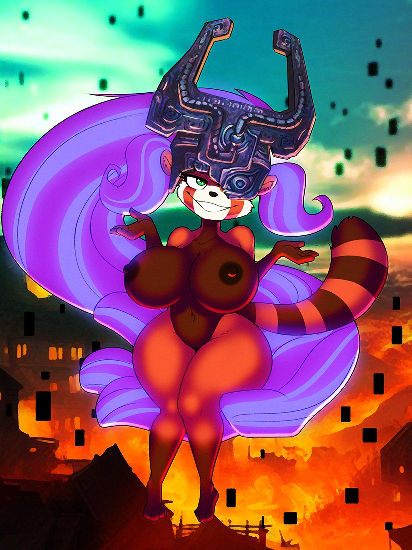 2022 3:4 ailurid anthro big_breasts breasts brown_body brown_fur city city_background cosplay dracojeff female floating fur green_eyes hair long_hair mammal midna multicolored_body multicolored_fur nintendo nude one_eye_obstructed orange_body orange_fur purple_hair red_panda short_stack shortstack shrug smile smirk solo striped_body striped_fur stripes the_legend_of_zelda thick_thighs twilight_princess two_tone_body two_tone_fur video_games wide_hips